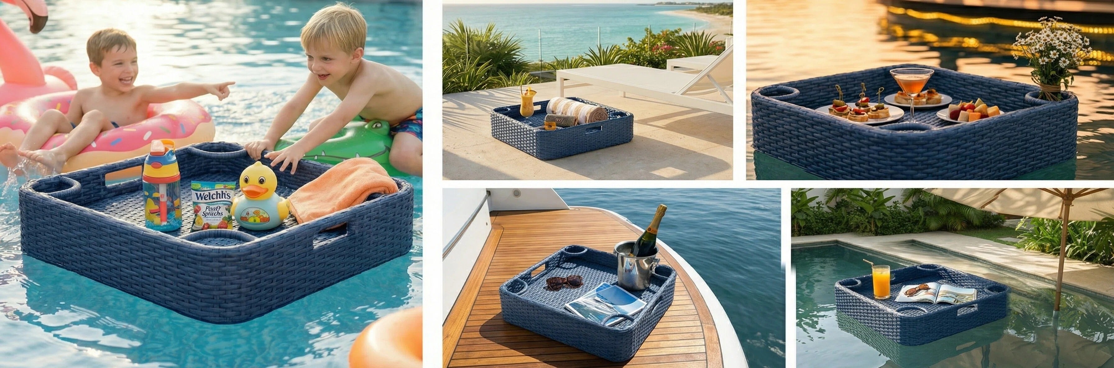 SUNJOY 24x24 Inch Aluminum Frame Wicker Floating Tray for Pool - Navy
