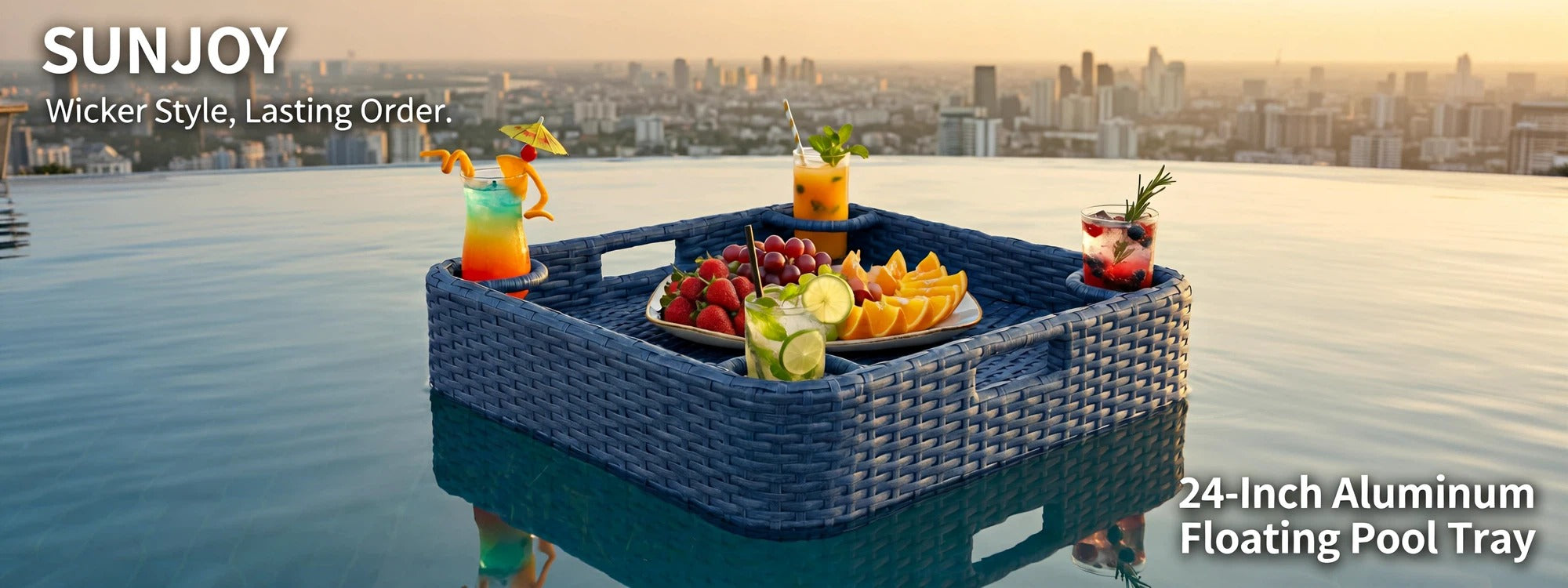 SUNJOY 24x24 Inch Aluminum Frame Wicker Floating Tray for Pool - Navy