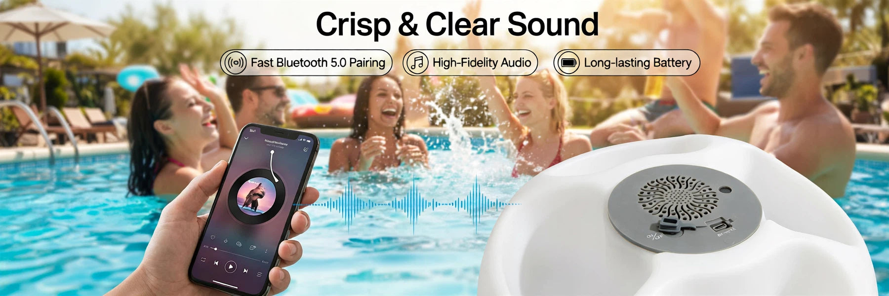 SUNJOY Floating Drink Holder with Ip66 Waterproof Bluetooth 5.0 Speaker