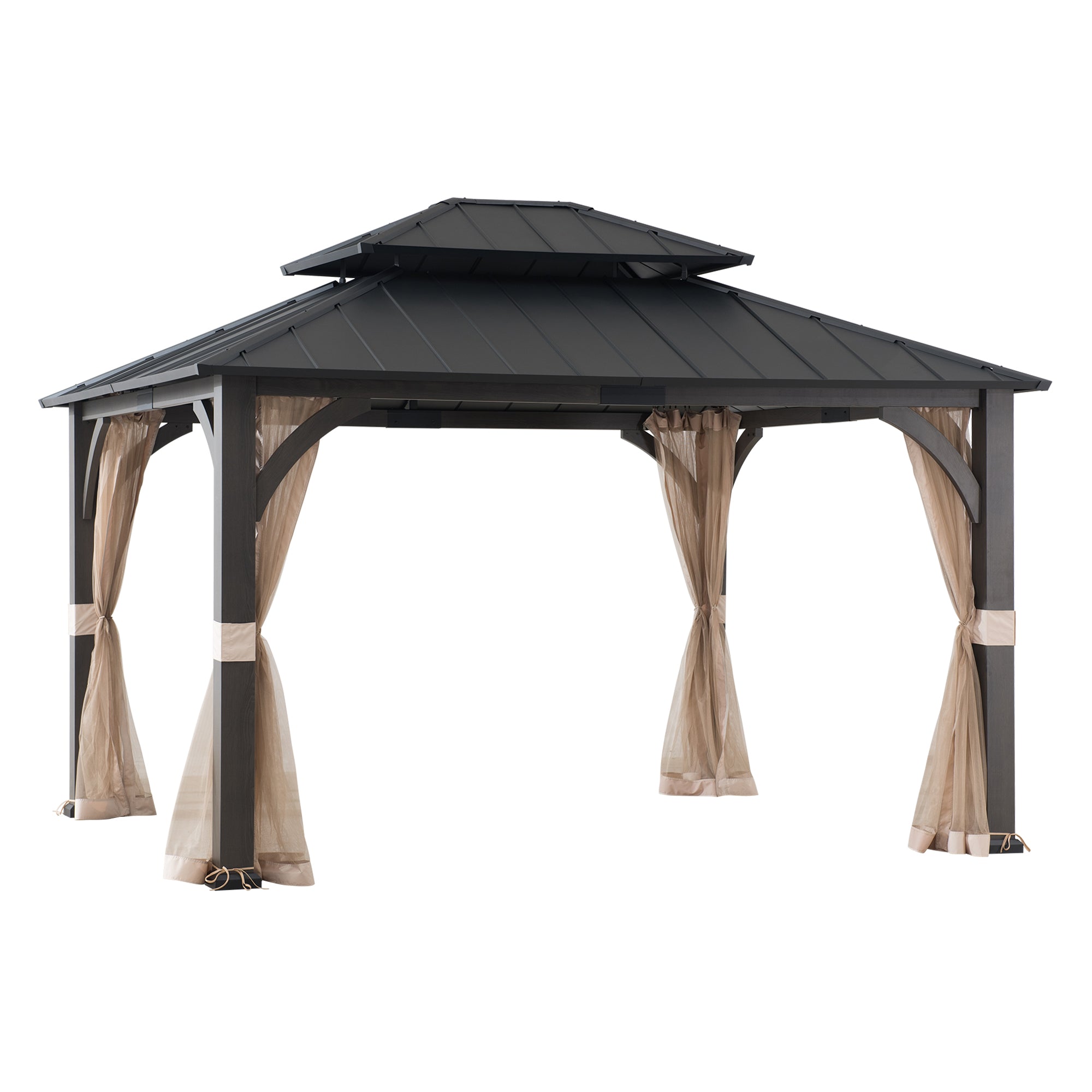 Meridian Woodgrain Tall Metal Gazebo with Netting, 2-Tier Steel Roof 13' × 15'