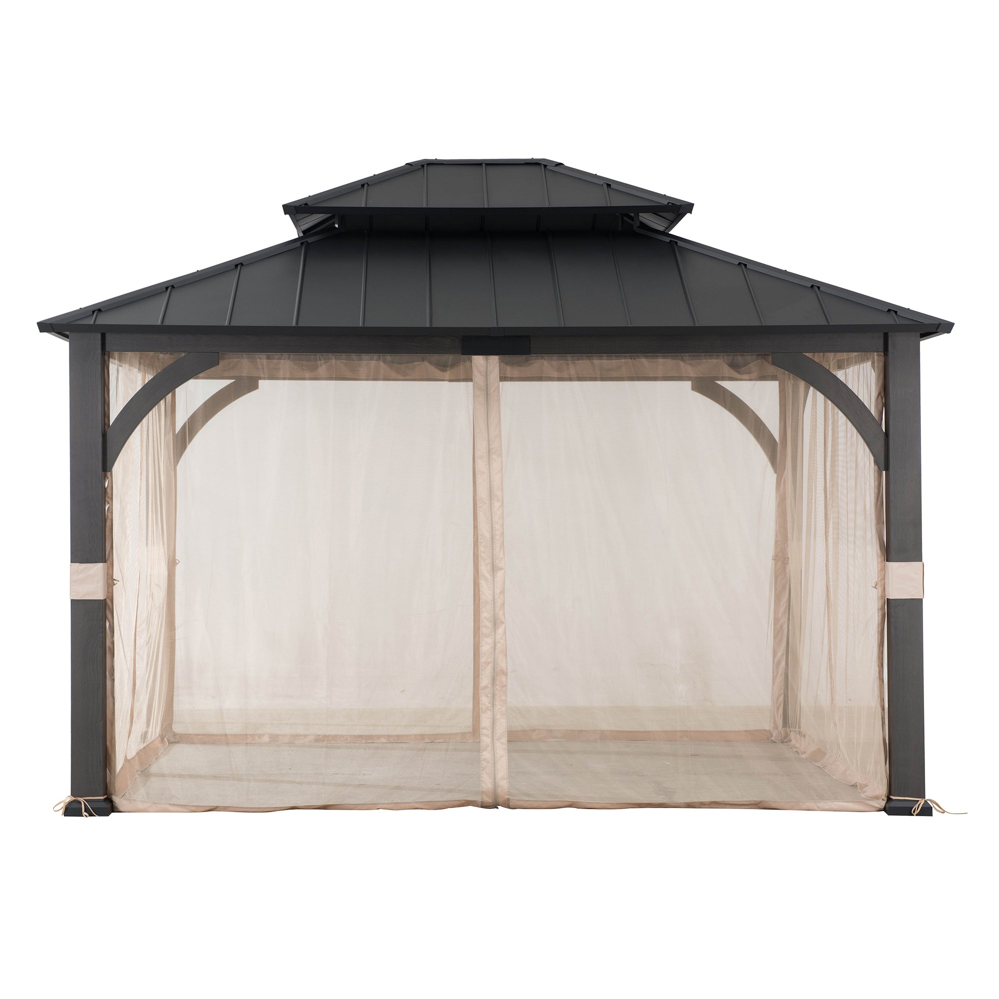 Meridian Woodgrain Tall Metal Gazebo with Netting, 2-Tier Steel Roof 13' × 15'