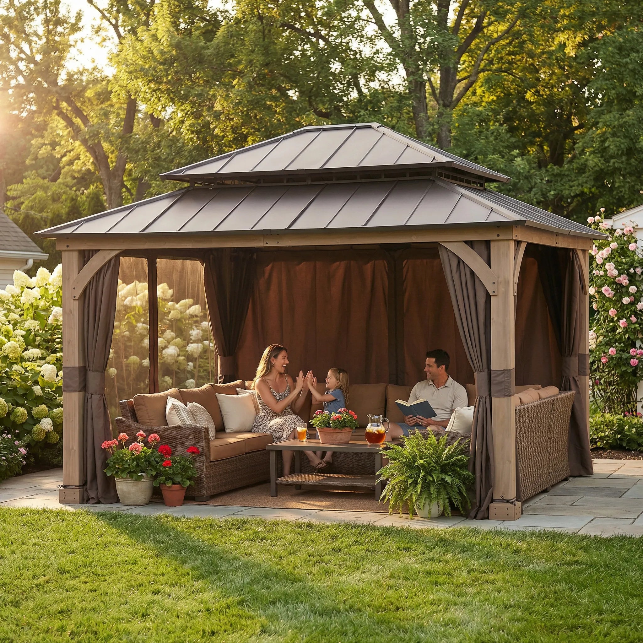 Family sitting under a wooden gazebo in a garden setting