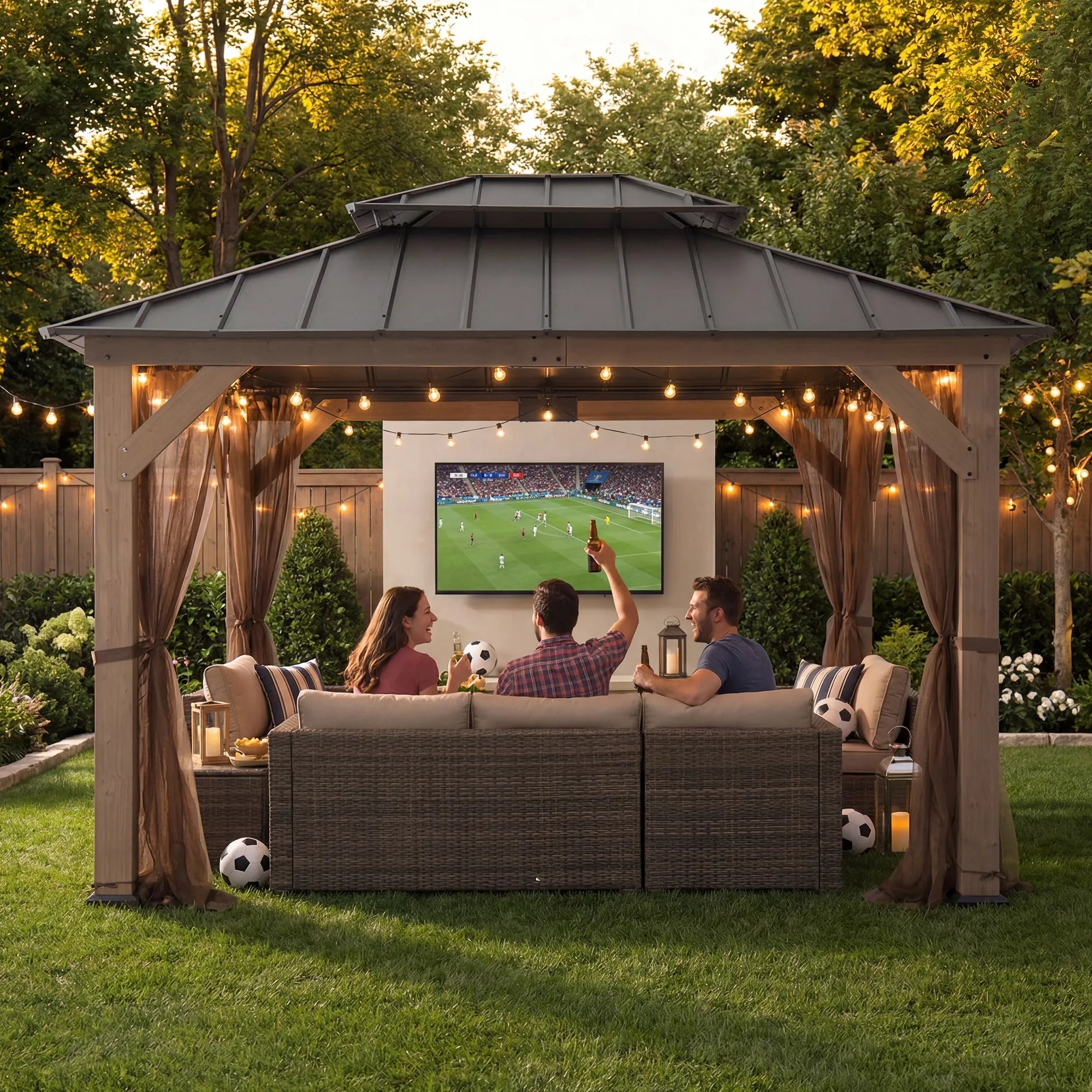 SUNJOY 10x12 Cedar Wood Gazebo with Galvanized Steel Roof, LED String Lights & Mosquito Netting - Brown