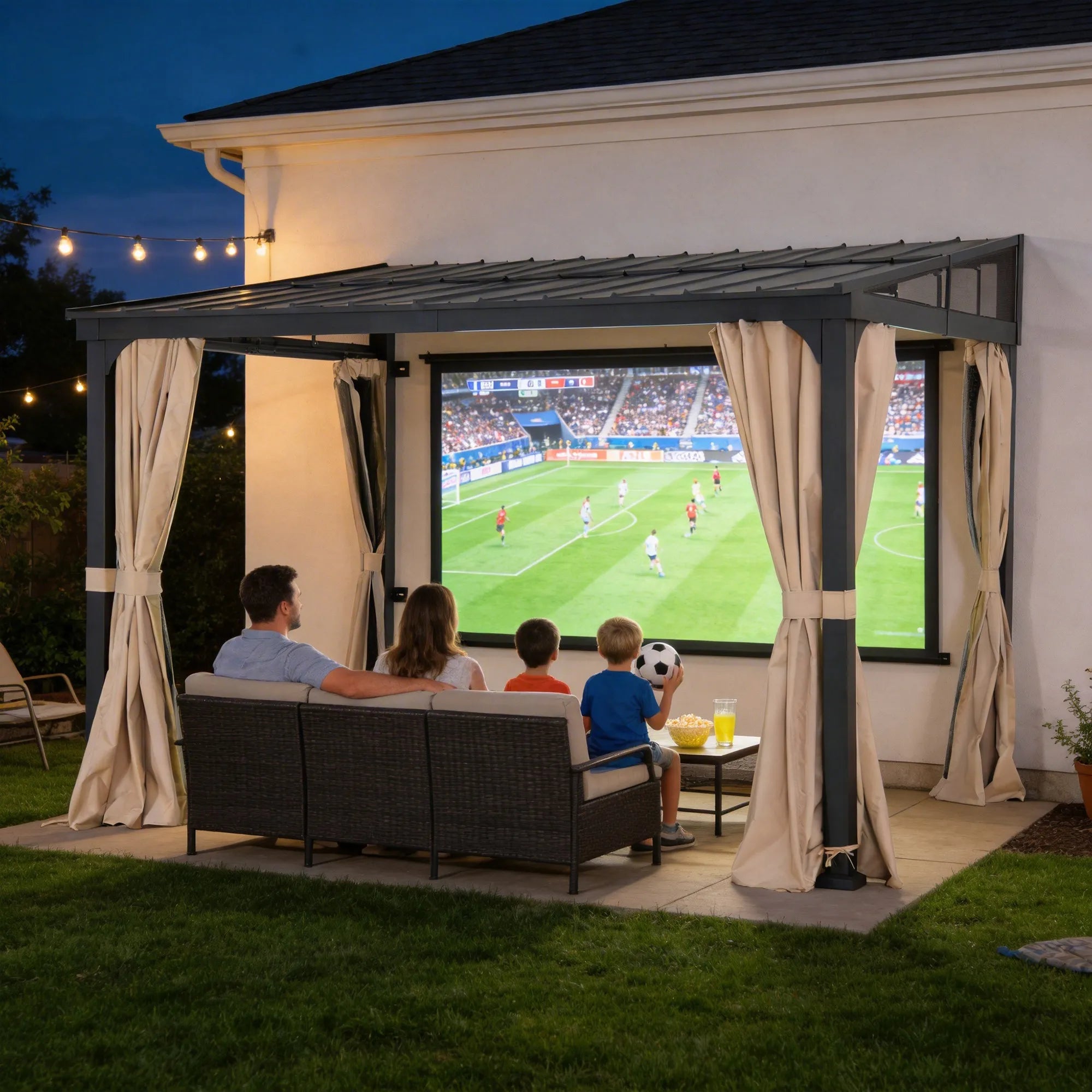 SUNJOY 10x12 Metal Roof Wall Mounted Gazebo, Lean to Gazebo with Curtain and Netting