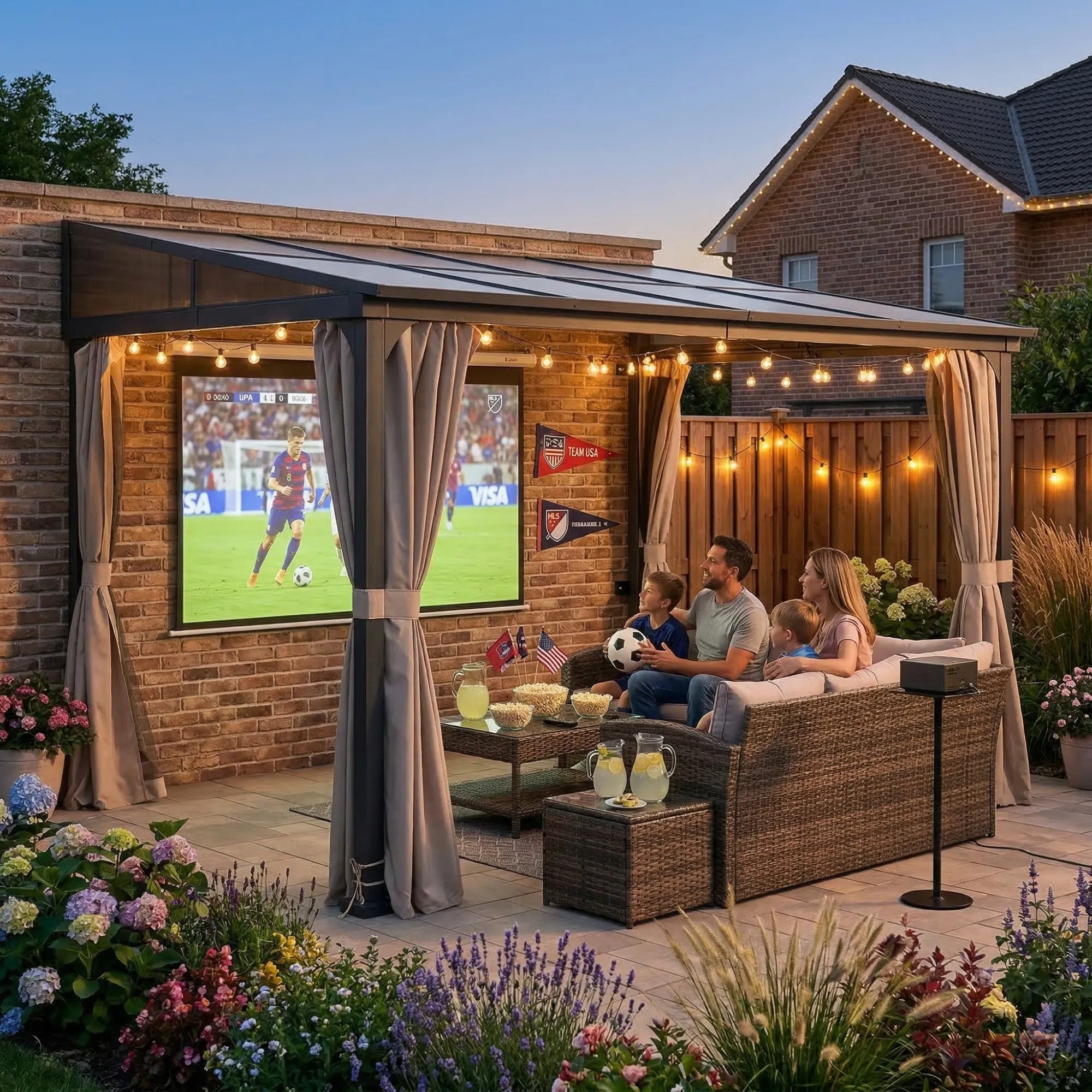 SUNJOY 10x12 Polycarbonate Roof Wall Mounted Gazebo, Lean to Gazebo with Curtain and Netting