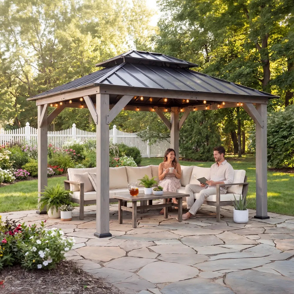 SUNJOY 10x12 Wood Gazebo with 2-tier Metal Roof and Ceiling Hook - Driftwood Cedar