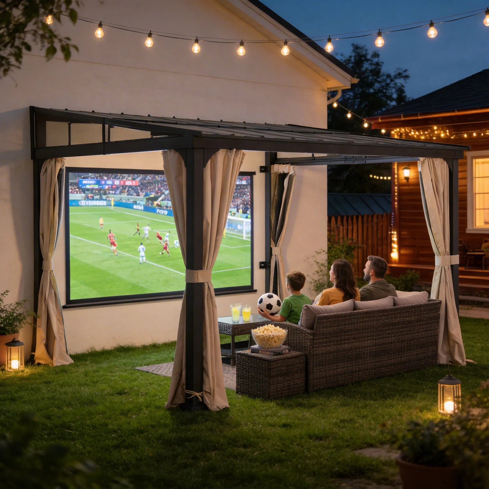 SUNJOY 12x14 Metal Roof Wall Mounted Gazebo, Lean to Gazebo with Curtain and Netting