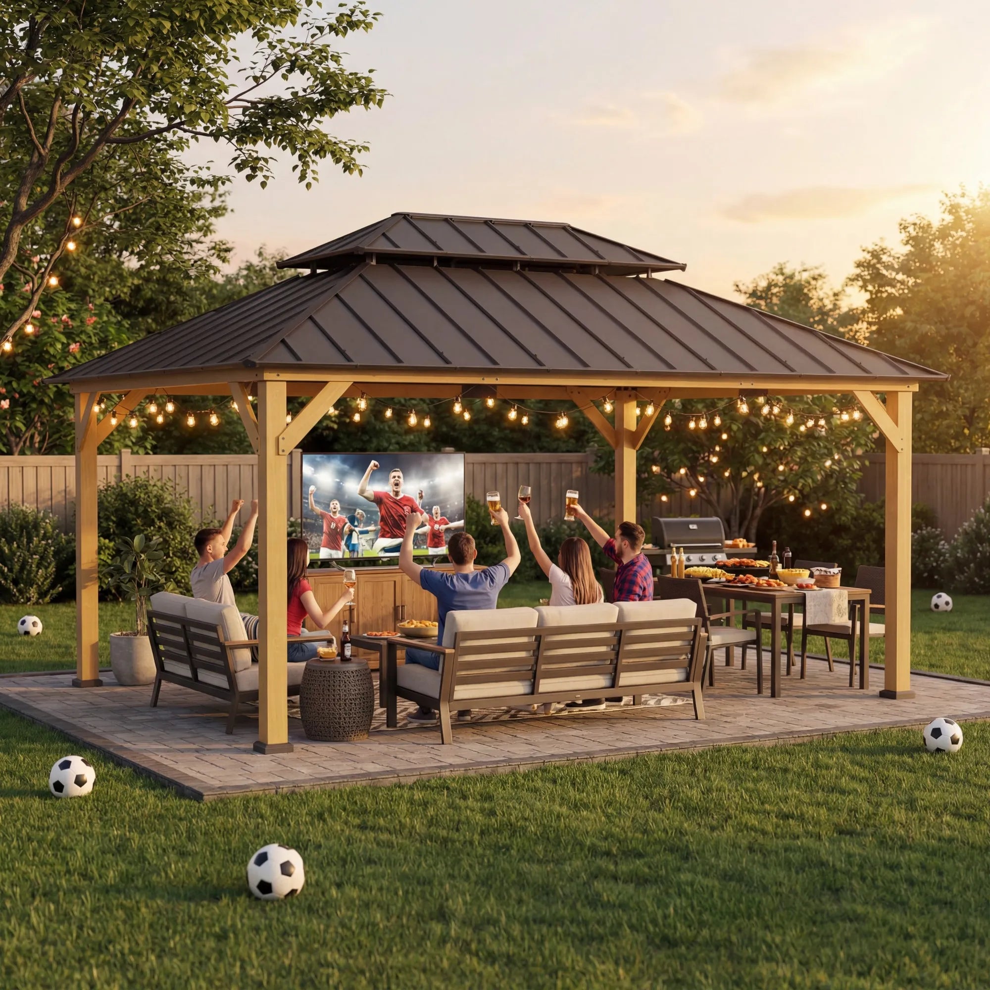 SUNJOY 12x16 Wooden Gazebo with 2-Tier Metal Roof and Ceiling Hook - Natural Cedar