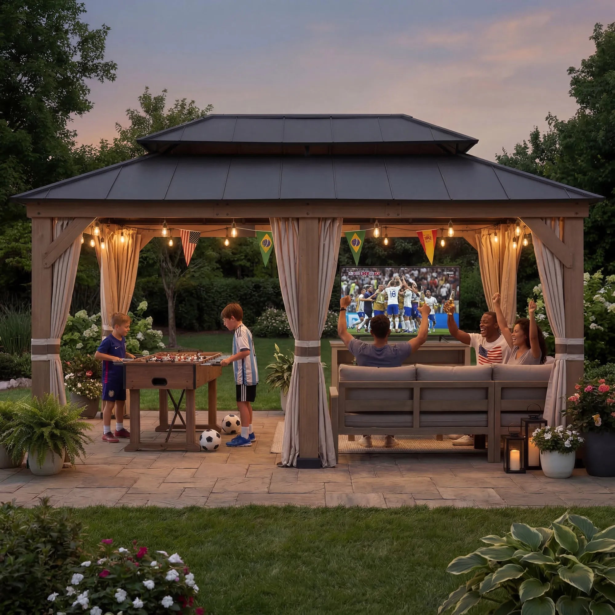 SUNJOY 12x20 Cedar Frame Gazebo with Galvanized Steel Roof and Curtains