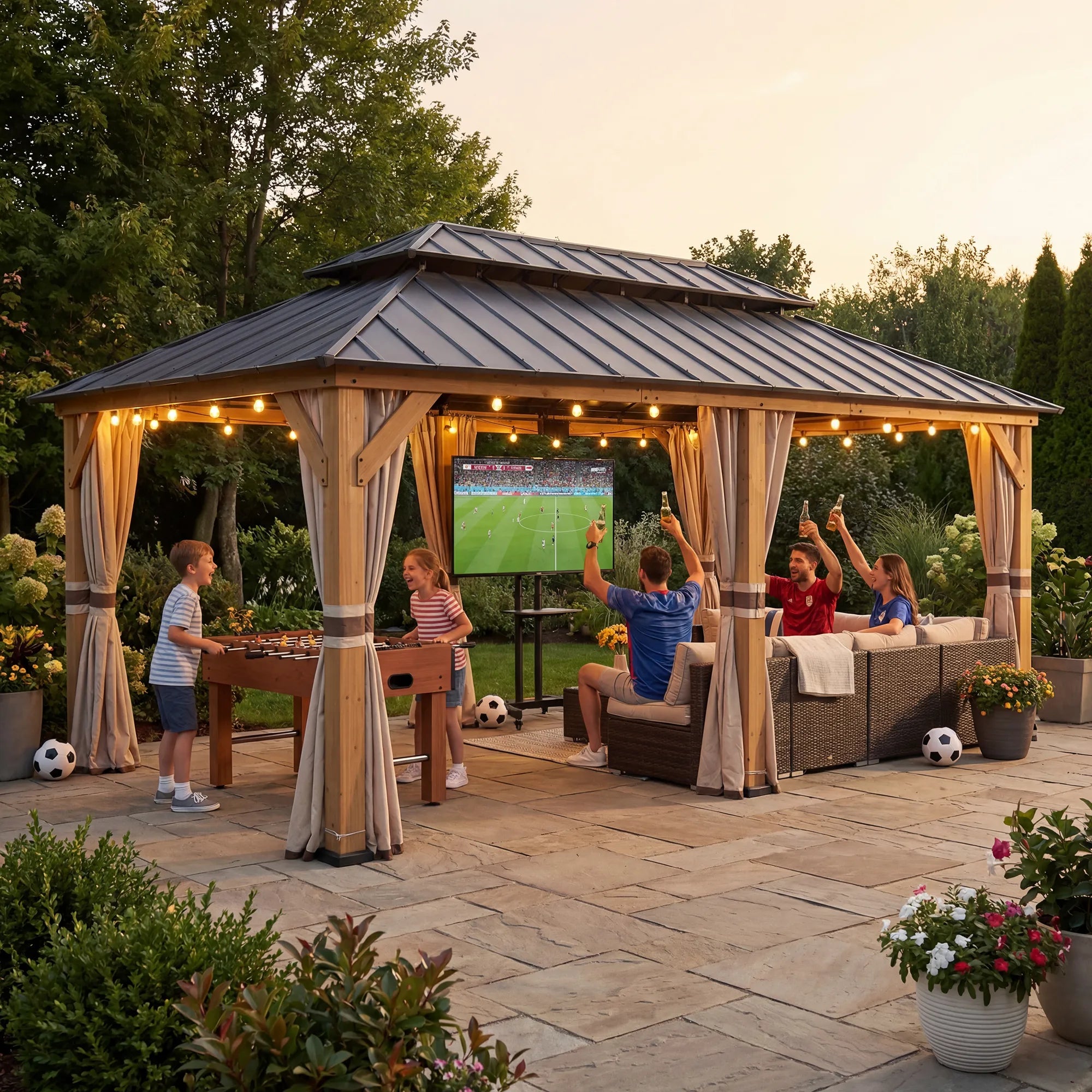 SUNJOY 12x20 Cedar Frame Gazebo with Galvanized Steel Roof and Curtains