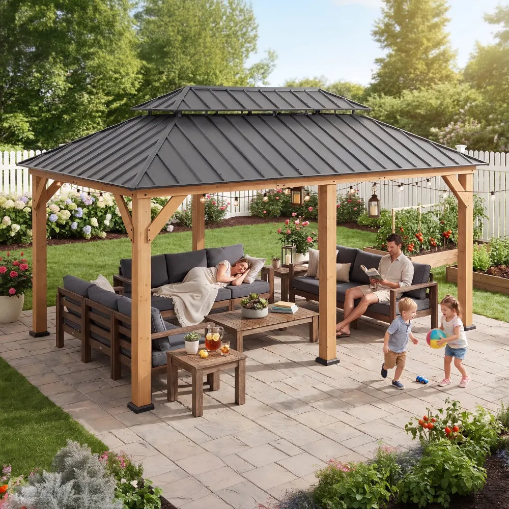 SUNJOY 12x20 Patio Wooden Gazebo with Ceiling Hooks - Standard Natural wood