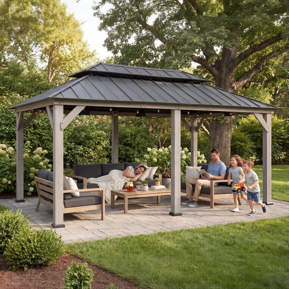 SUNJOY 12x20 Patio Wooden Gazebo with Ceiling Hooks - Standard Driftwood Cedar