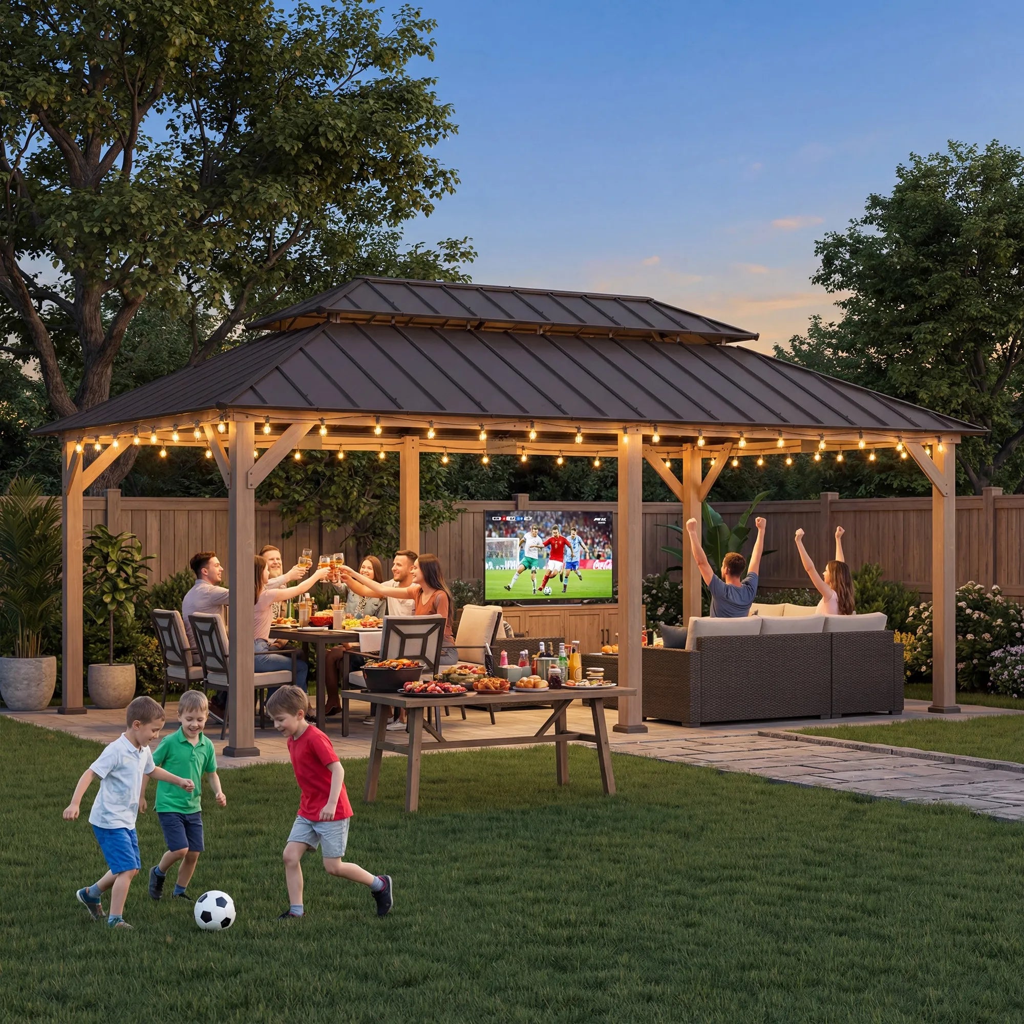 SUNJOY 12x20 Patio Wooden Gazebo with Ceiling Hooks - Weathered Cedar