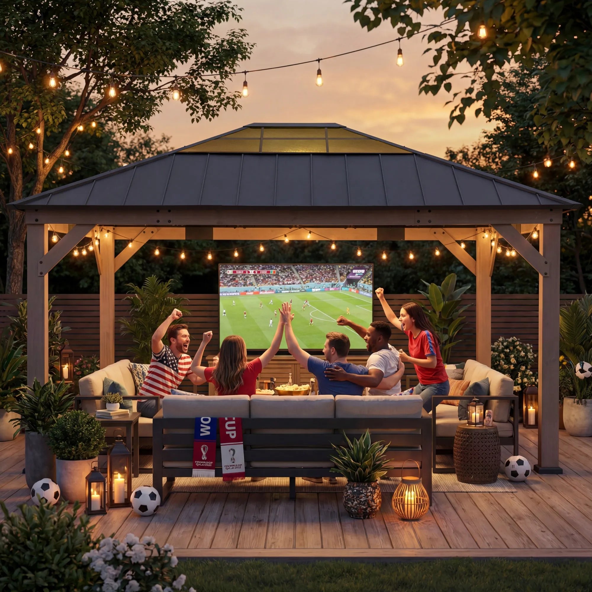 SUNJOY 13x15 Brown Steel Roof Wooden Gazebo with Translucent Skylight - Dark Wood Cedar