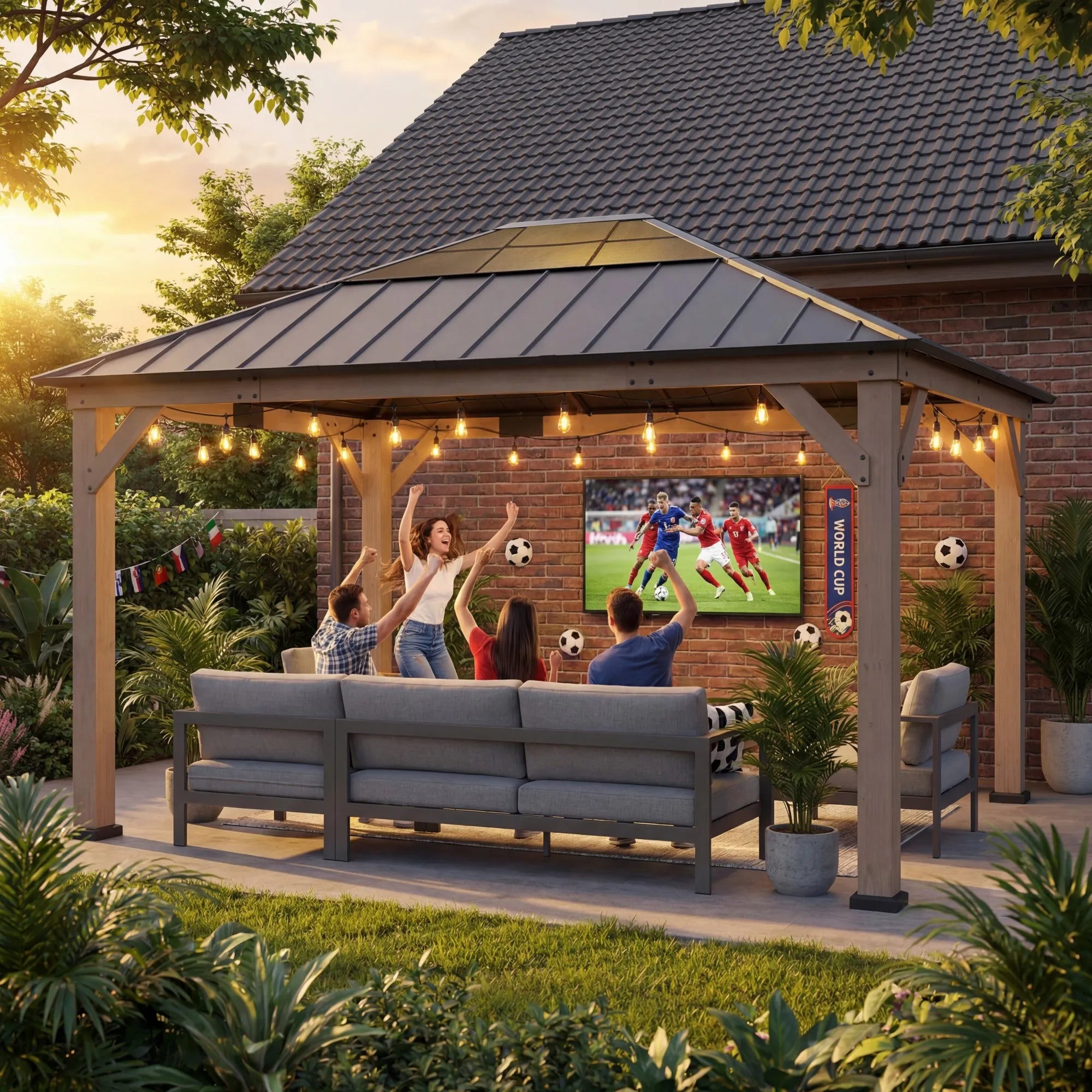 SUNJOY 13x15 Brown Steel Roof Wooden Gazebo with Translucent Skylight - Dark Wood Cedar