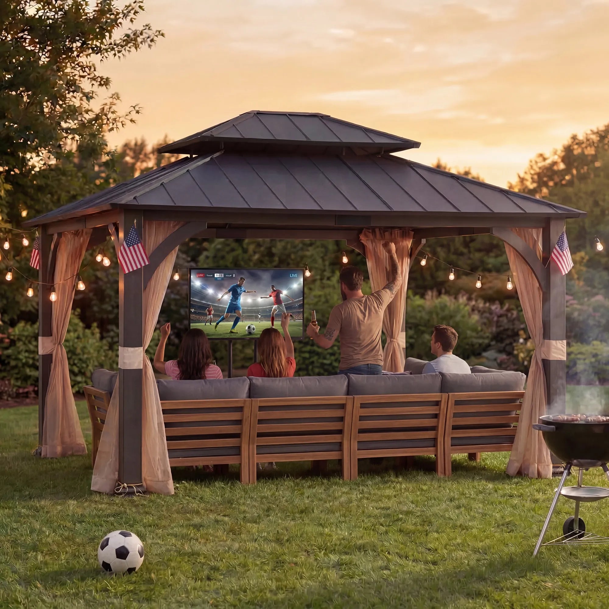 SUNJOY 15x13 Hardtop Steel Gazebo with Netting, Ceiling Hook & Realistic Woodgrain Finish