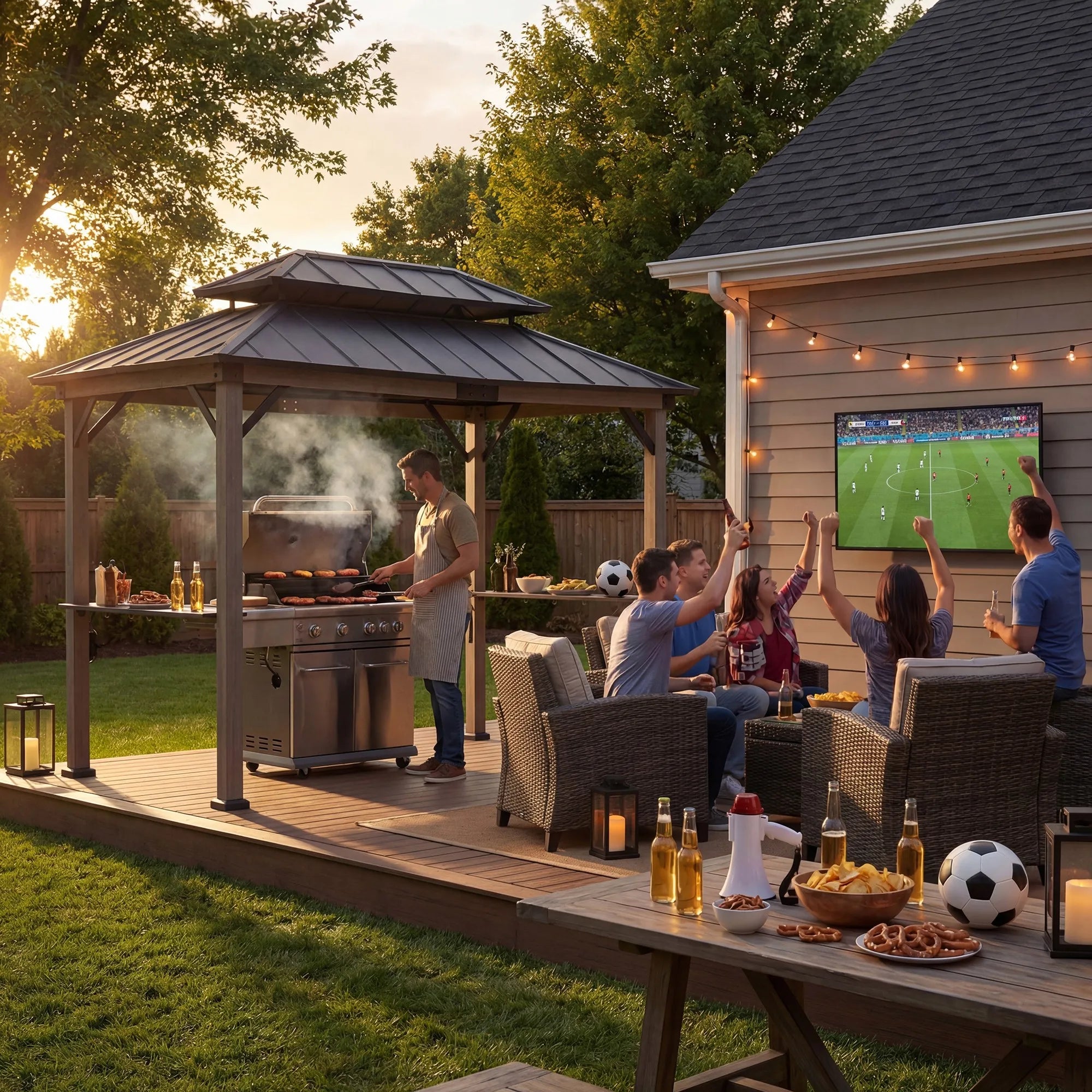 SUNJOY 8x12 Black Hardtop Grill Gazebo with Electrical Outlets and Shelves