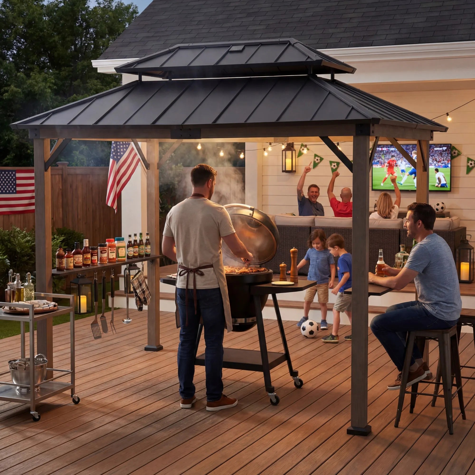 SUNJOY 8x12 Black Wood Grill Gazebo with Solar Power and Shelves