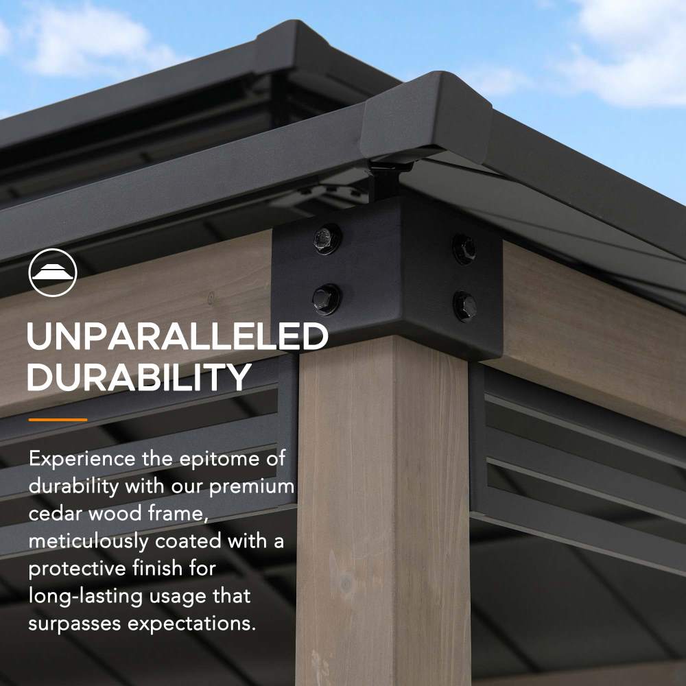 SUNJOY 8x12 Black Wood Grill Gazebo with Solar Power, Fence and Shelves