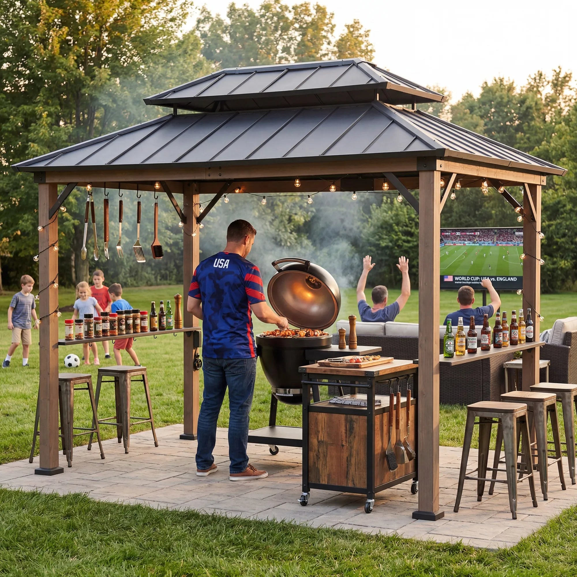 SUNJOY 8x12 Brown Hardtop Grill Gazebo with Electrical Outlets and Shelves