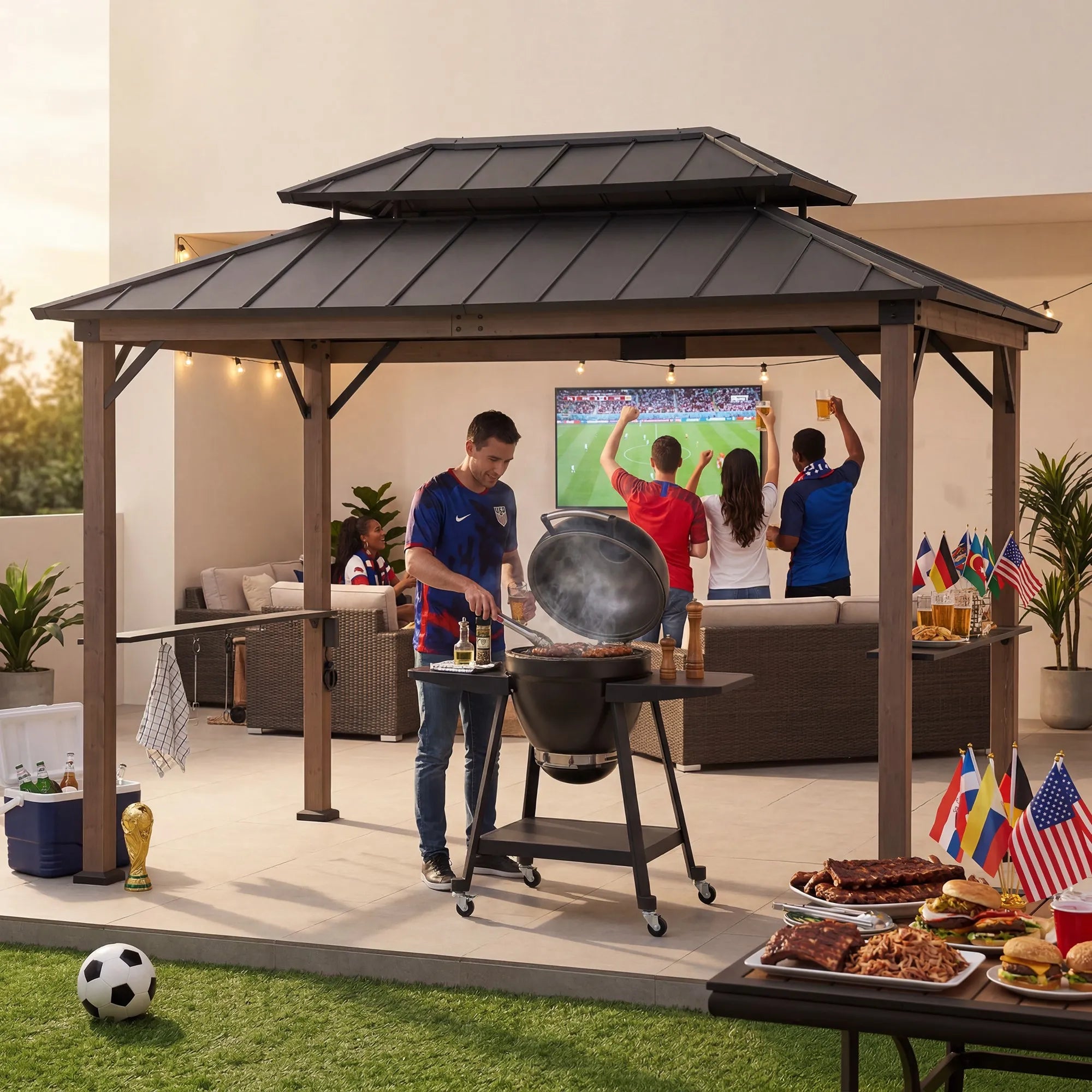 SUNJOY 8x12 Brown Hardtop Grill Gazebo with Electrical Outlets and Shelves