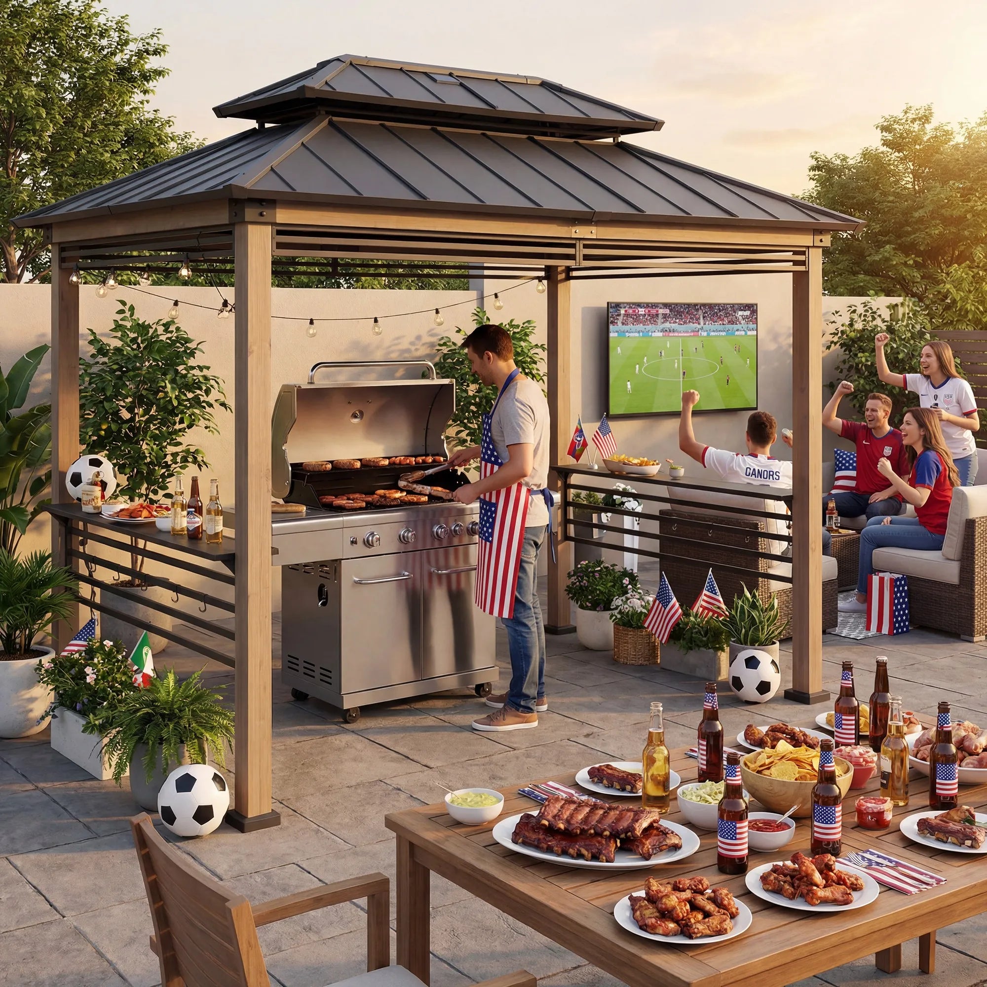 SUNJOY 8x12 Brown Wood Grill Gazebo with Solar Power, Fence and Shelves