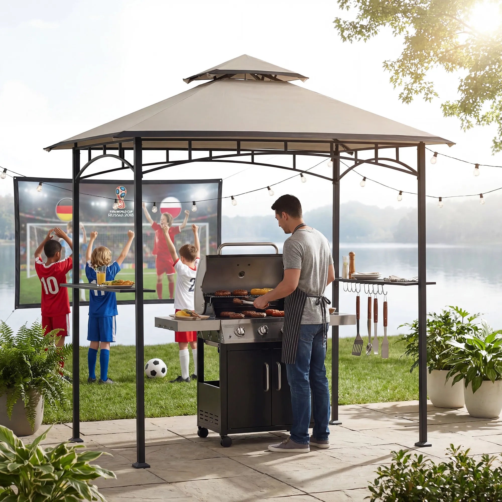 SUNJOY 8x5 BBQ Grill Gazebo with Bar Shelves and Hooks - Gray & Black