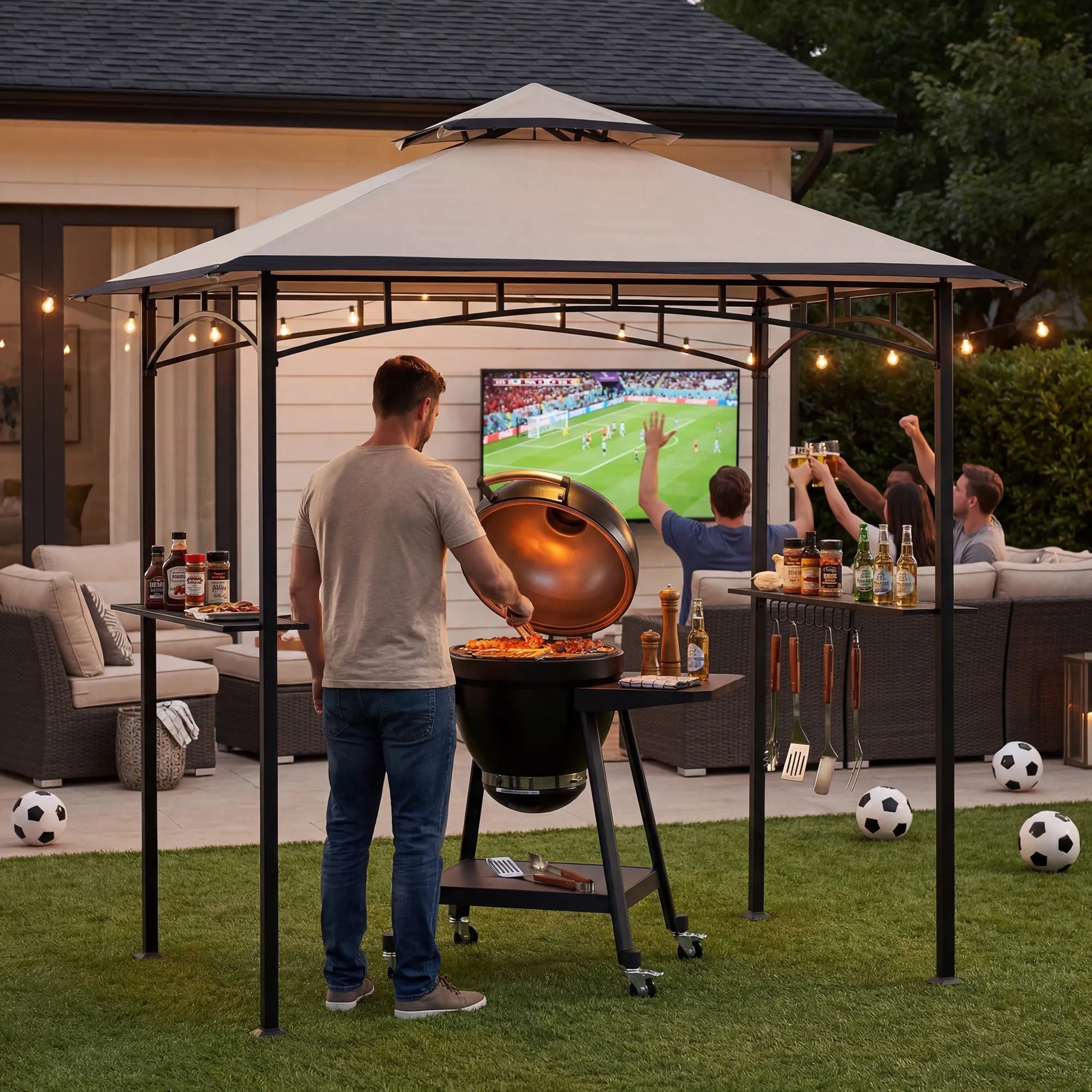 SUNJOY 8x5 BBQ Grill Gazebo with Bar Shelves and Hooks - Beige & Black