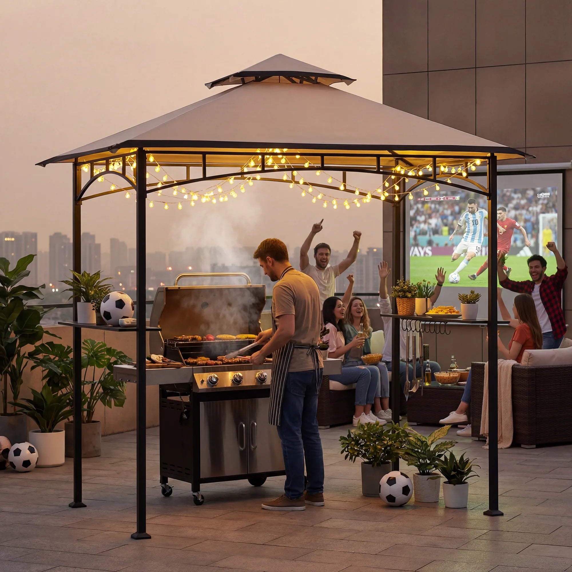 SUNJOY 8x5 BBQ Grill Gazebo with Bar Shelves and Hooks - Beige & Black
