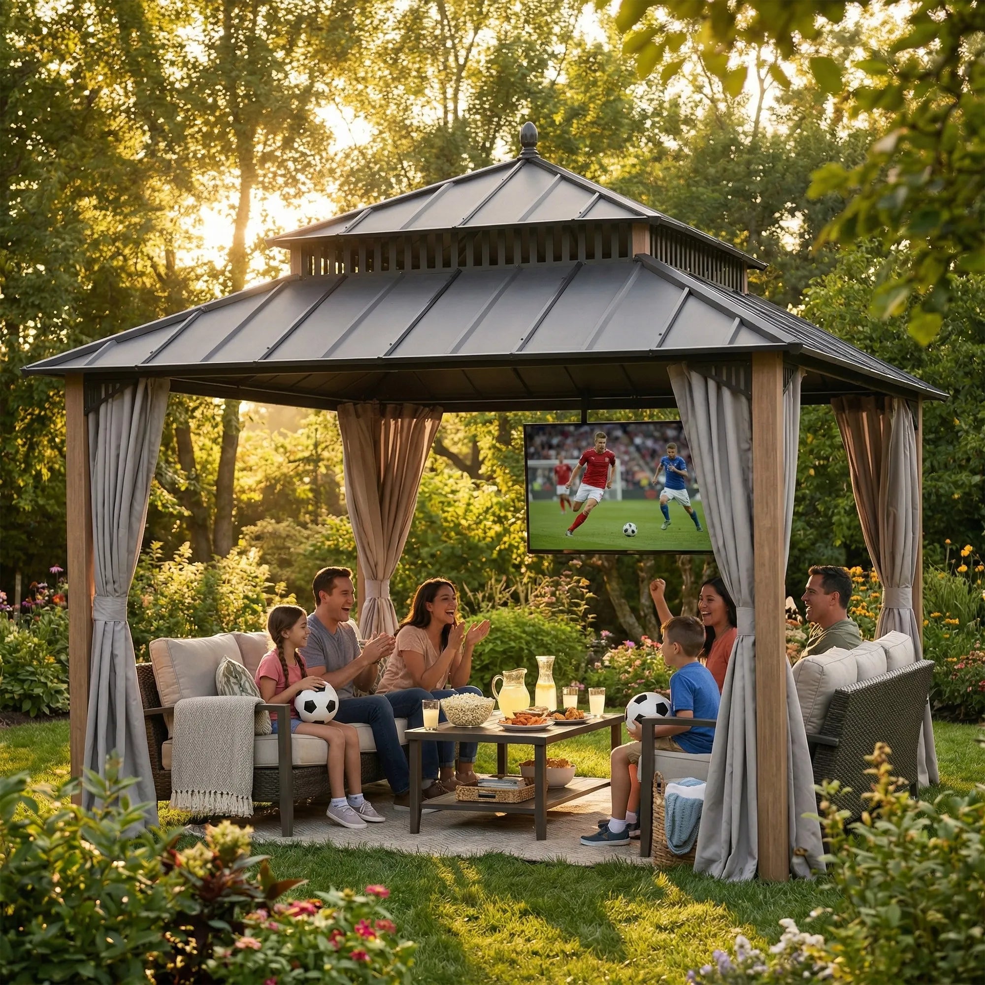 SUNJOY Kingston 12x12 Gazebo with Netting & Curtain | Steel Roof with Extra-Tall & Oversized Vent Top - Woodgrain Aluminum Posts