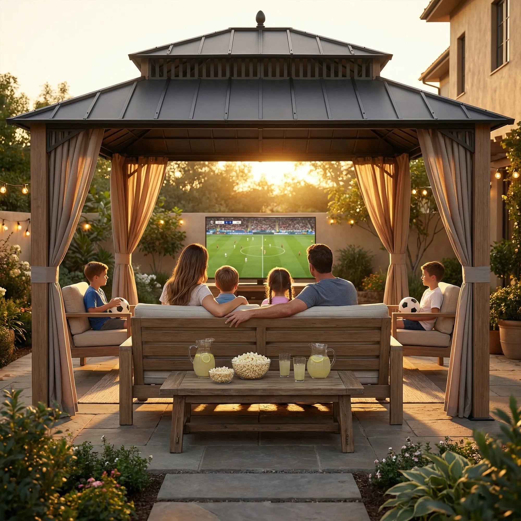 SUNJOY Kingston 12x14 Gazebo with Netting & Curtain | Steel Roof with Extra-Tall & Oversized Vent Top - Woodgrain Aluminum Posts