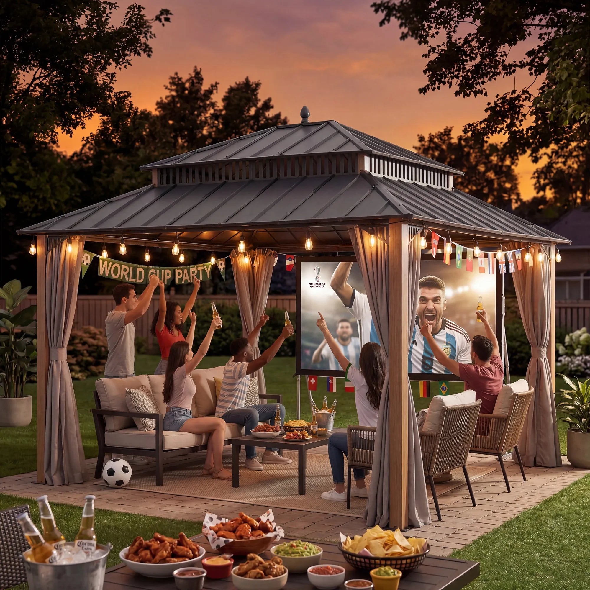 SUNJOY Kingston 12x14 Gazebo with Netting & Curtain | Steel Roof with Extra-Tall & Oversized Vent Top - Woodgrain Aluminum Posts