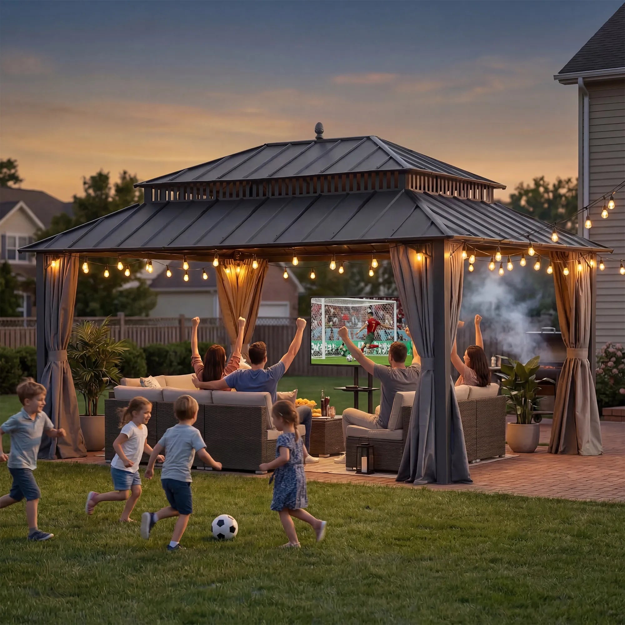 SUNJOY Kingston 12x16 Gazebo with Netting & Curtain | Steel Roof with Extra-Tall & Oversized Vent Top - Gray Aluminum Posts