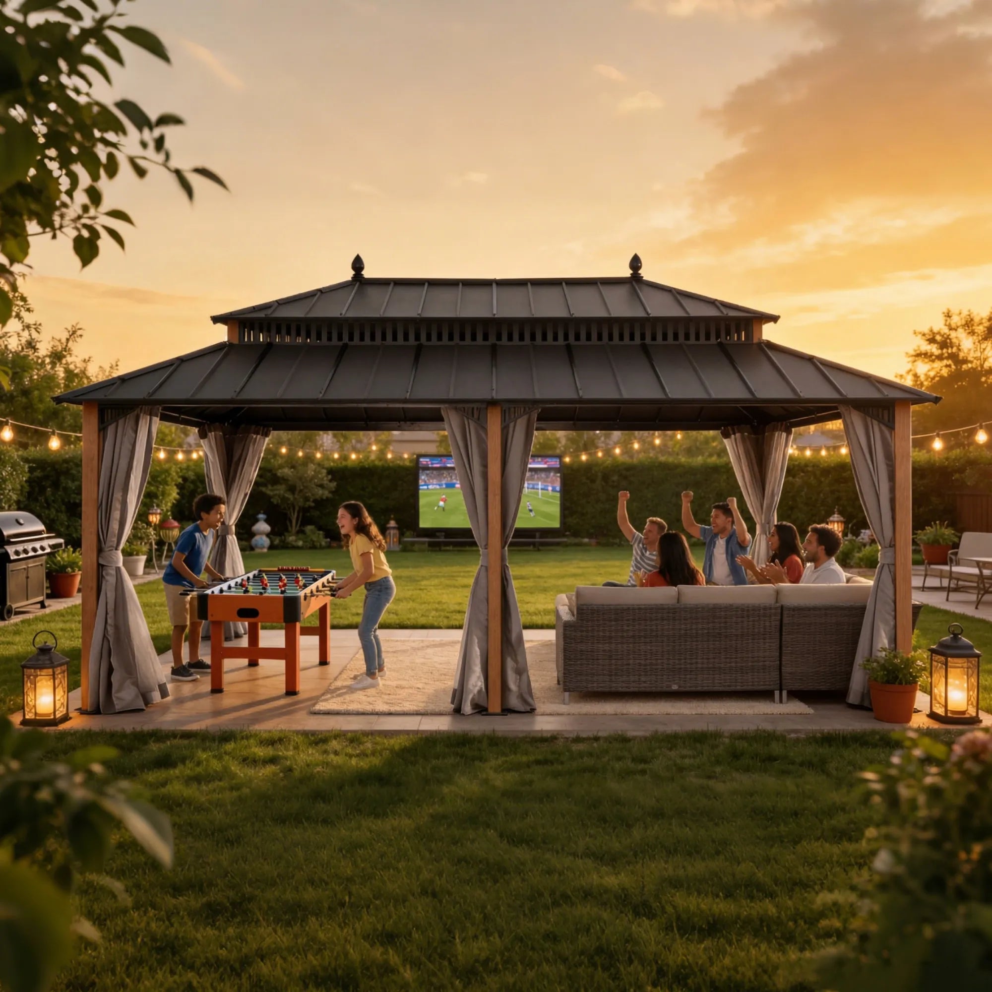 SUNJOY Kingston 12x20 Gazebo with Netting & Curtain | Steel Roof with Extra-Tall & Oversized Vent Top - Woodgrain Aluminum Posts