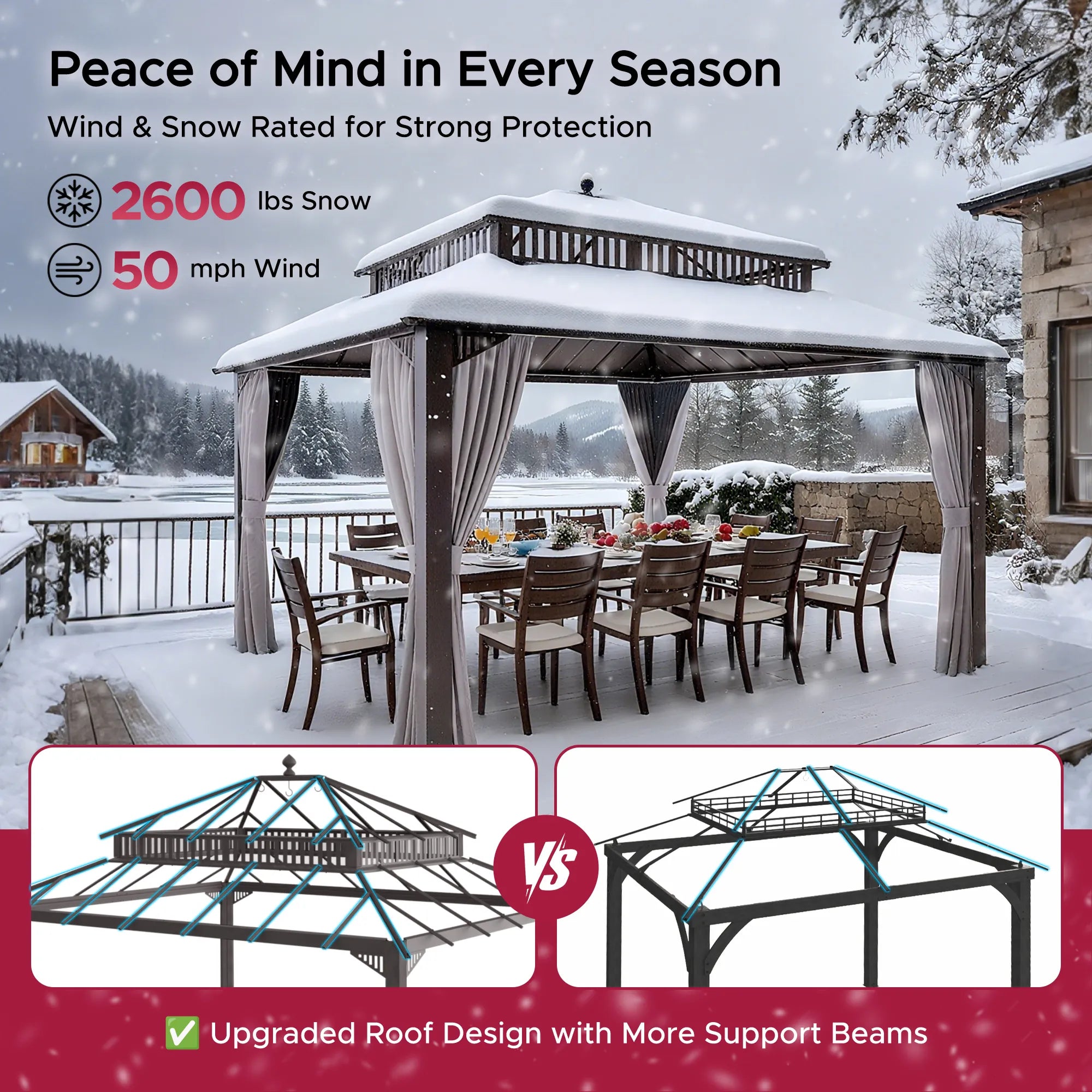 SUNJOY Kingston 12x14 Gazebo with Netting & Curtain | Steel Roof with Extra-Tall & Oversized PC Vent Top - Brown Aluminum Posts