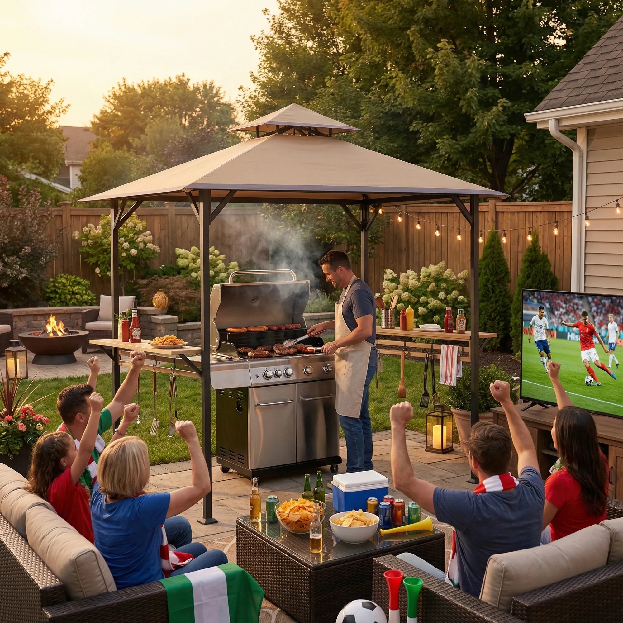 SUNJOY Outdoor Patio 8x5 Khaki 2-Tier Steel Backyard Soft Top Grill Gazebo with Bar Shelves and Hooks