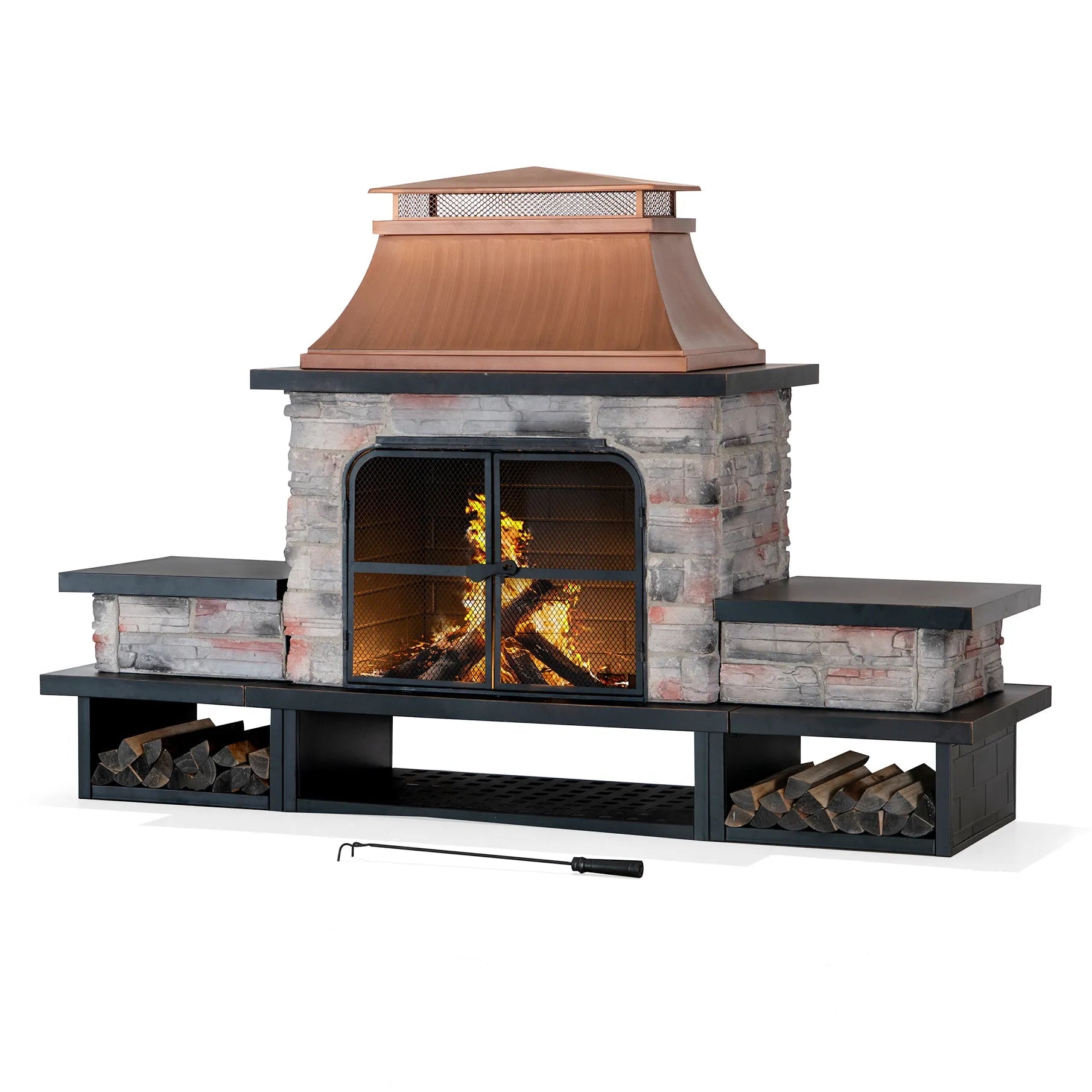 Canyon Stone Wood Burning Fireplace with Log Holders 82" - Antique Copper
