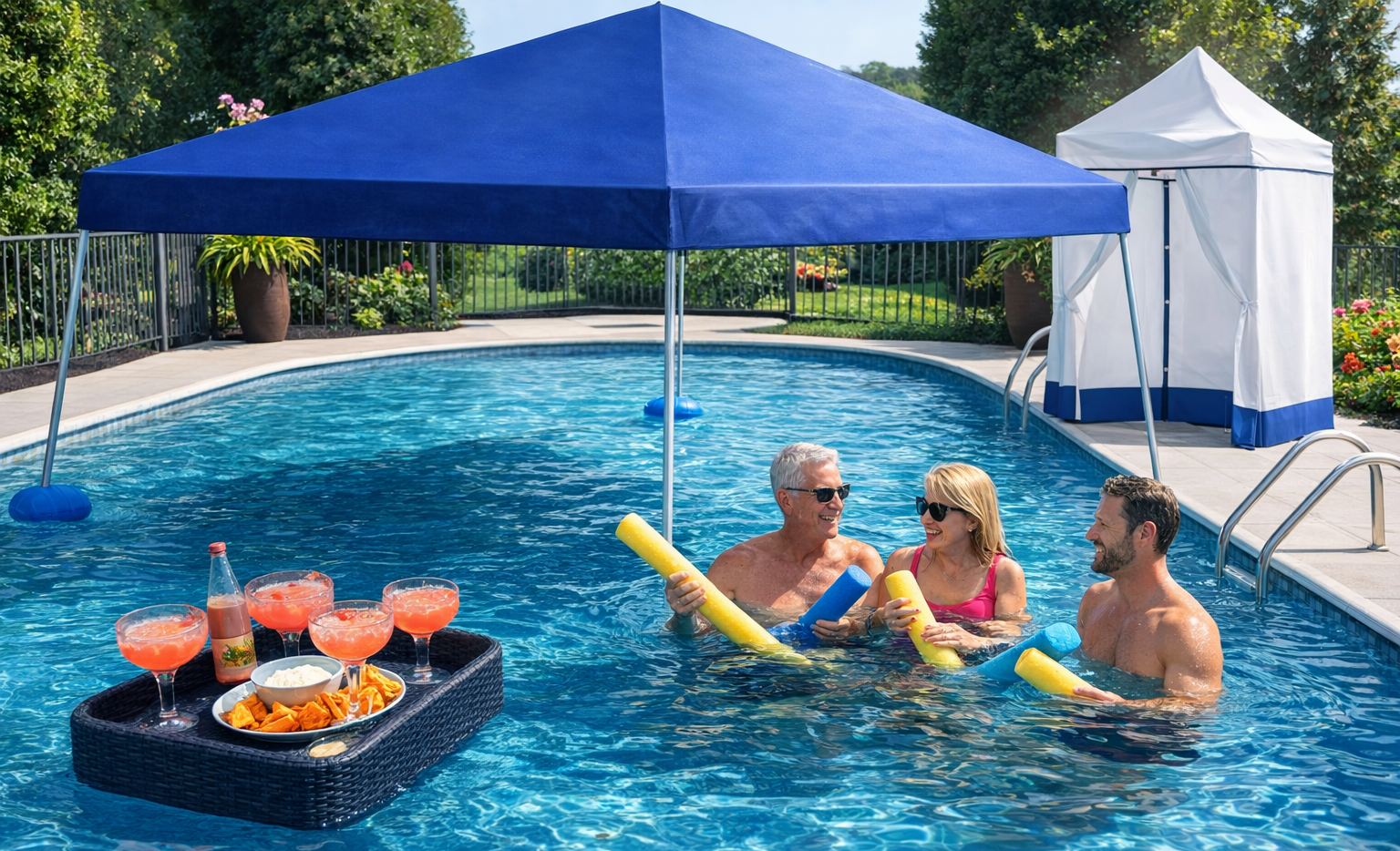 People in a pool with a blue canopy, inflatable pool toys, and a floating tray with drinks.