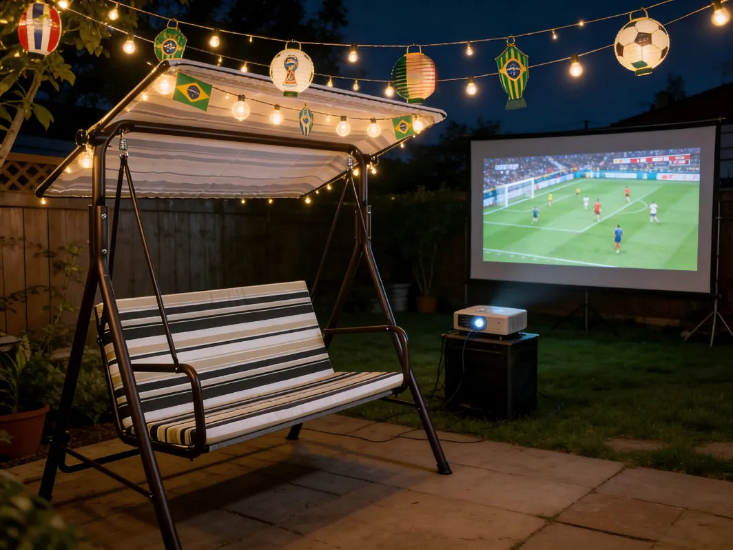 Outdoor setting with a swing, string lights, and a projector displaying a soccer game.