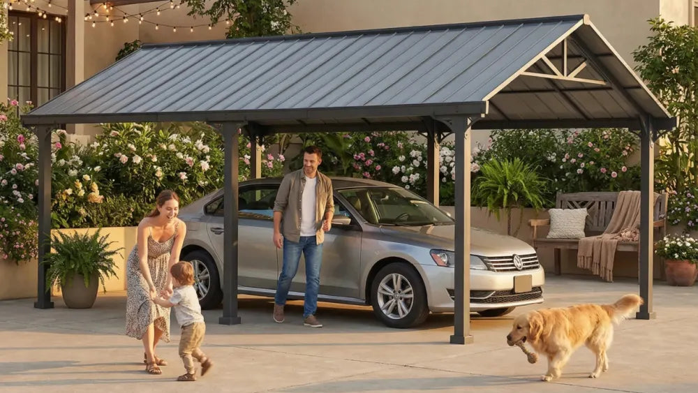Family with a car under a metal carport on a patio