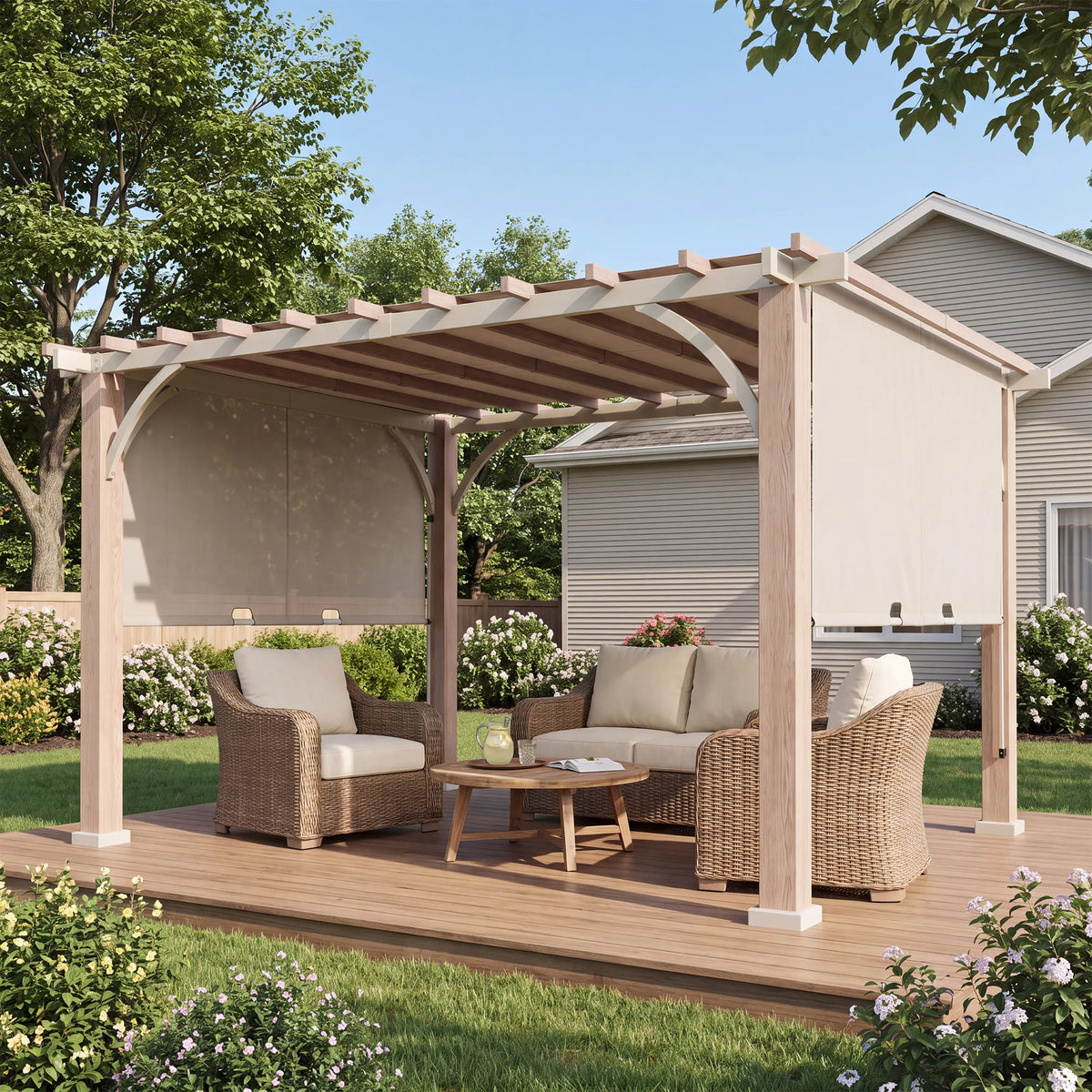 Palladio Wood-Grain Metal Pergola with Adjustable Canopy, 12x14