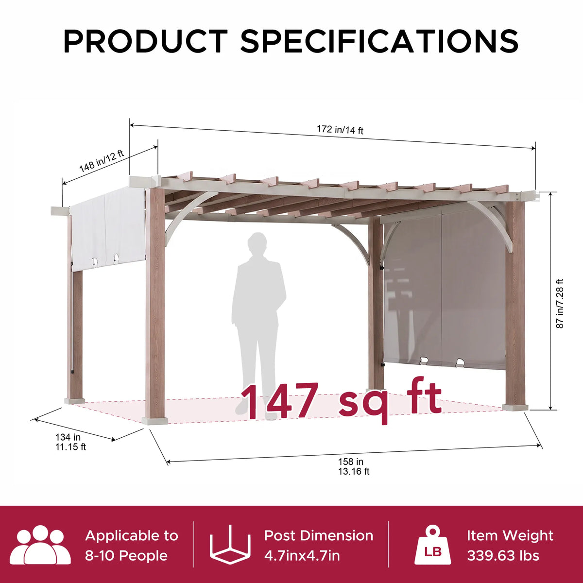 Palladio Wood-Grain Metal Pergola with Adjustable Canopy, 12x14