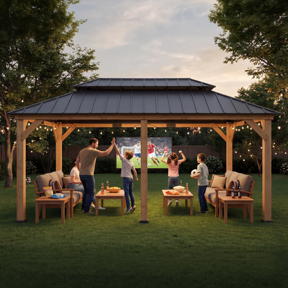 SUNJOY 12x20 Patio Wooden Gazebo with Ceiling Hooks - Standard Natural wood