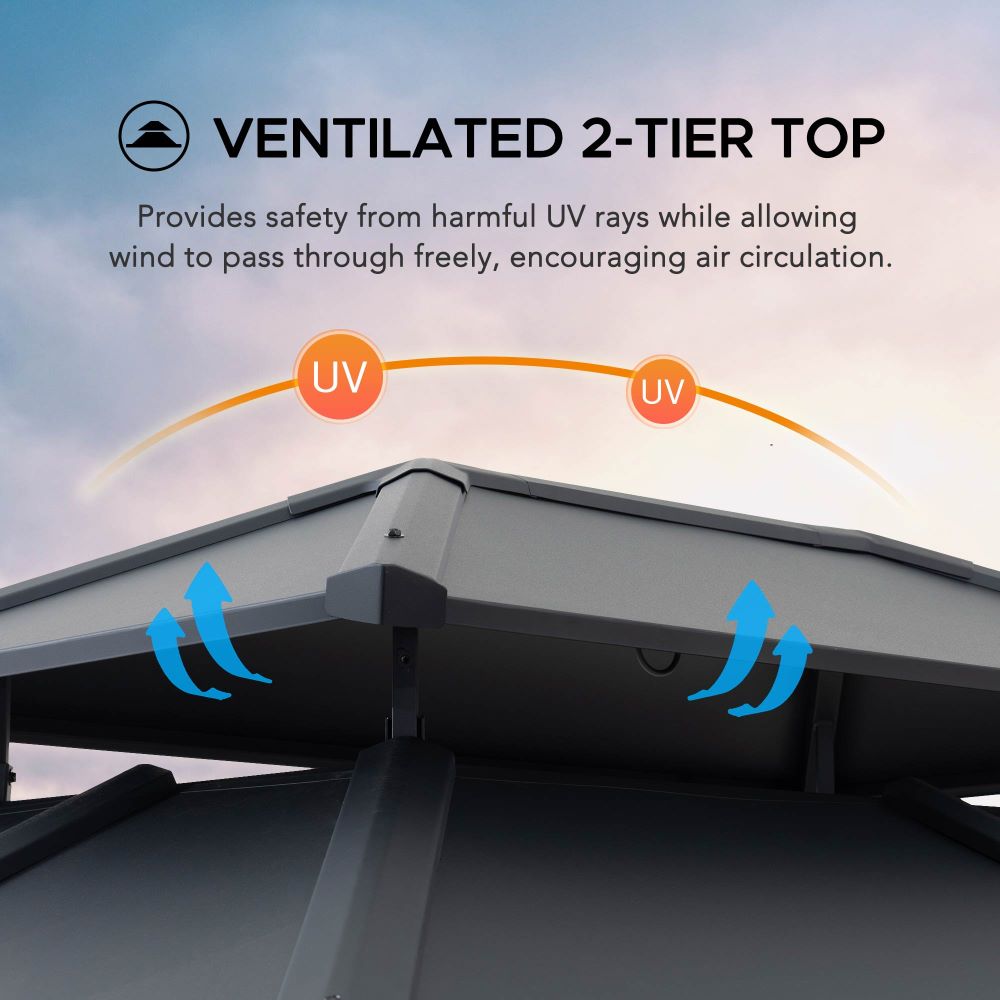 Sunjoy Outdoor Patio 10x12 2-Tier Steel Backyard Hardtop Gazebo with Metal Ceiling Hook and Netting.