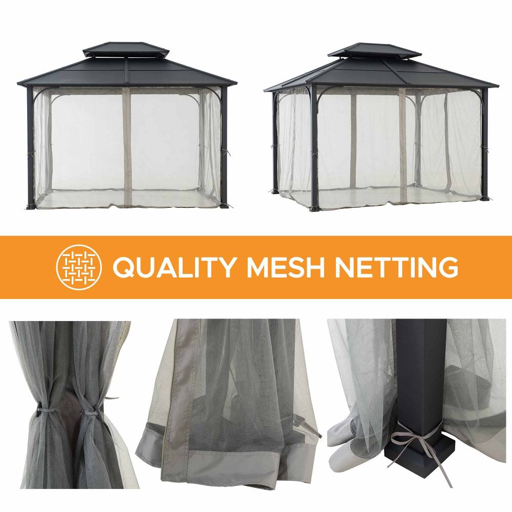SUNJOY 10x12 Metal Hardtop Gazebo with Netting and Ceiling Hook.