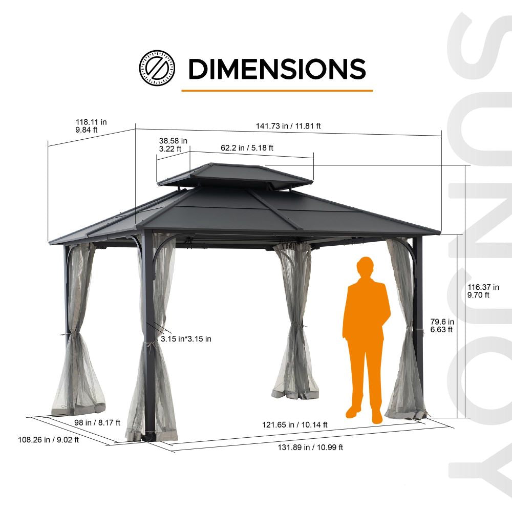 Sunjoy Outdoor Patio 10x12 2-Tier Steel Backyard Hardtop Gazebo with Metal Ceiling Hook and Netting.