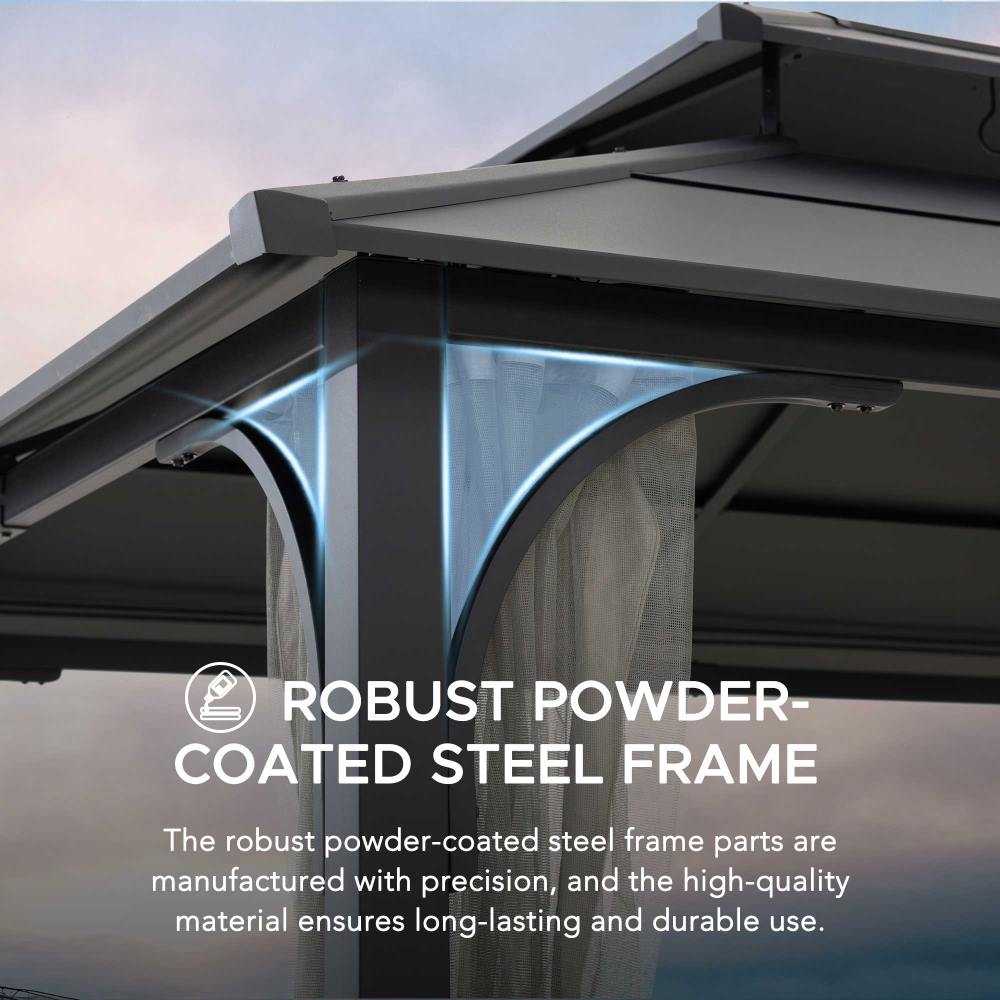 Sunjoy Outdoor Patio 10x12 2-Tier Steel Backyard Hardtop Gazebo with Metal Ceiling Hook and Netting.