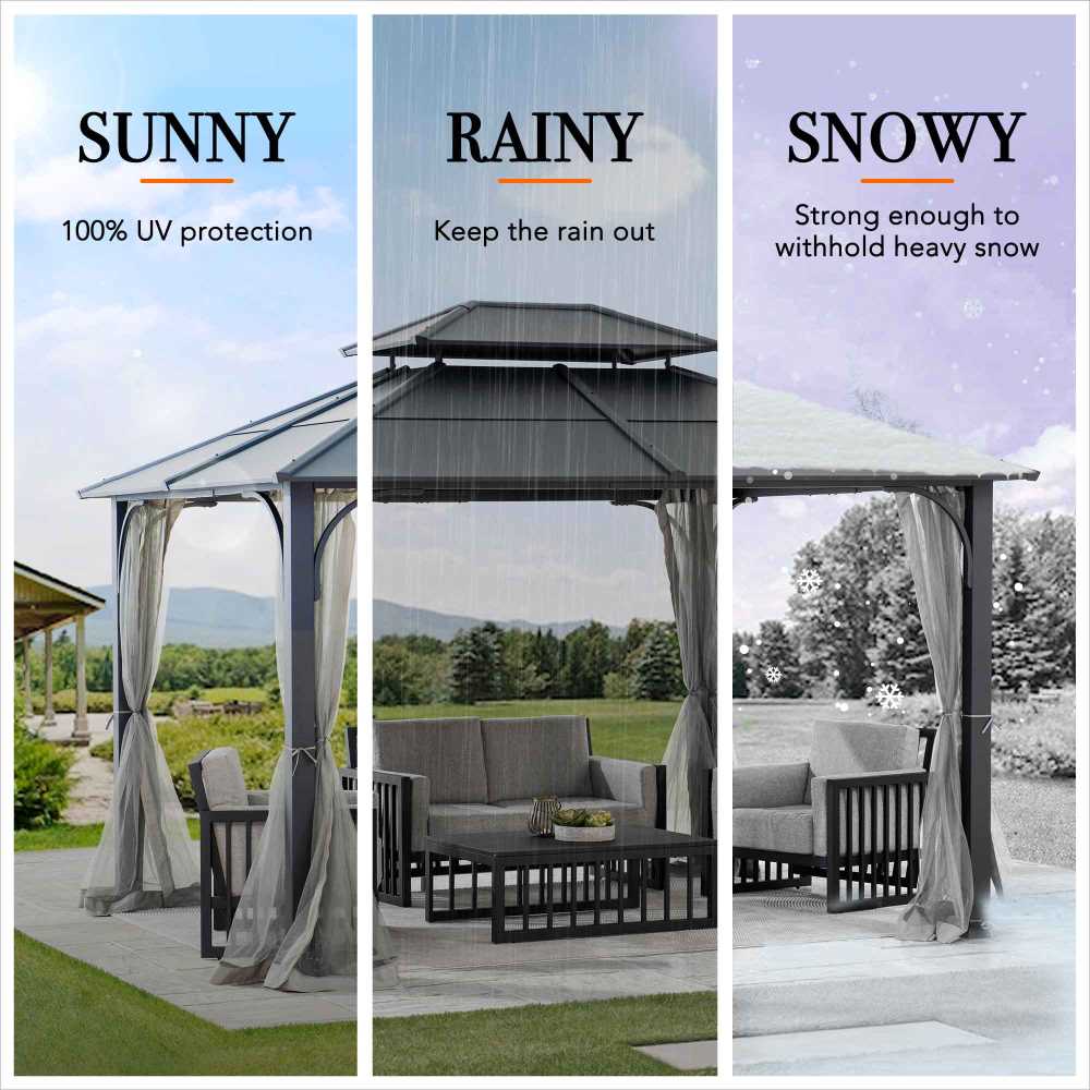 Sunjoy Outdoor Patio 10x12 2-Tier Steel Backyard Hardtop Gazebo with Metal Ceiling Hook and Netting.