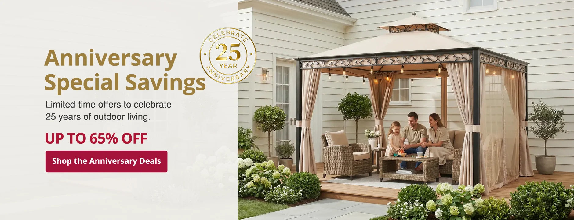 SUNJOY Promotional banner for a gazebo sale with a family sitting on a patio.