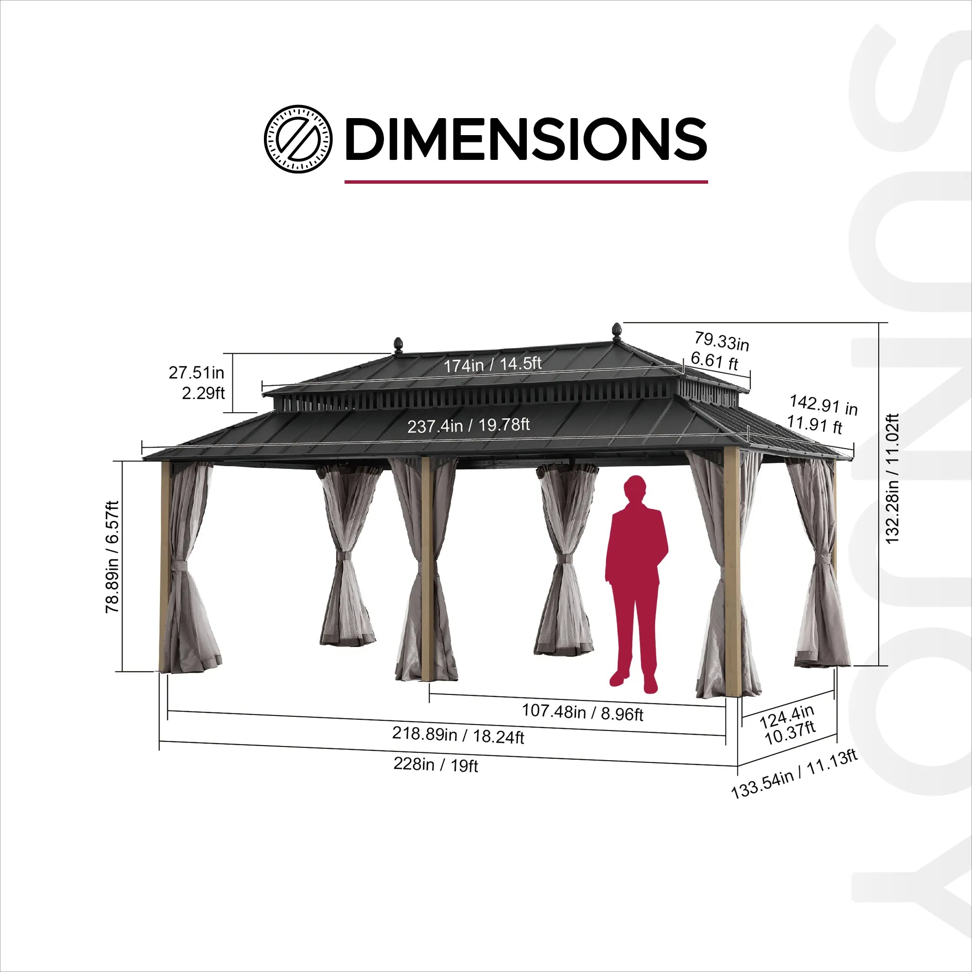 SUNJOY Kingston 12x20 Gazebo with Netting & Curtain | Steel Roof with Extra-Tall & Oversized Vent Top - Cedar Wood Posts